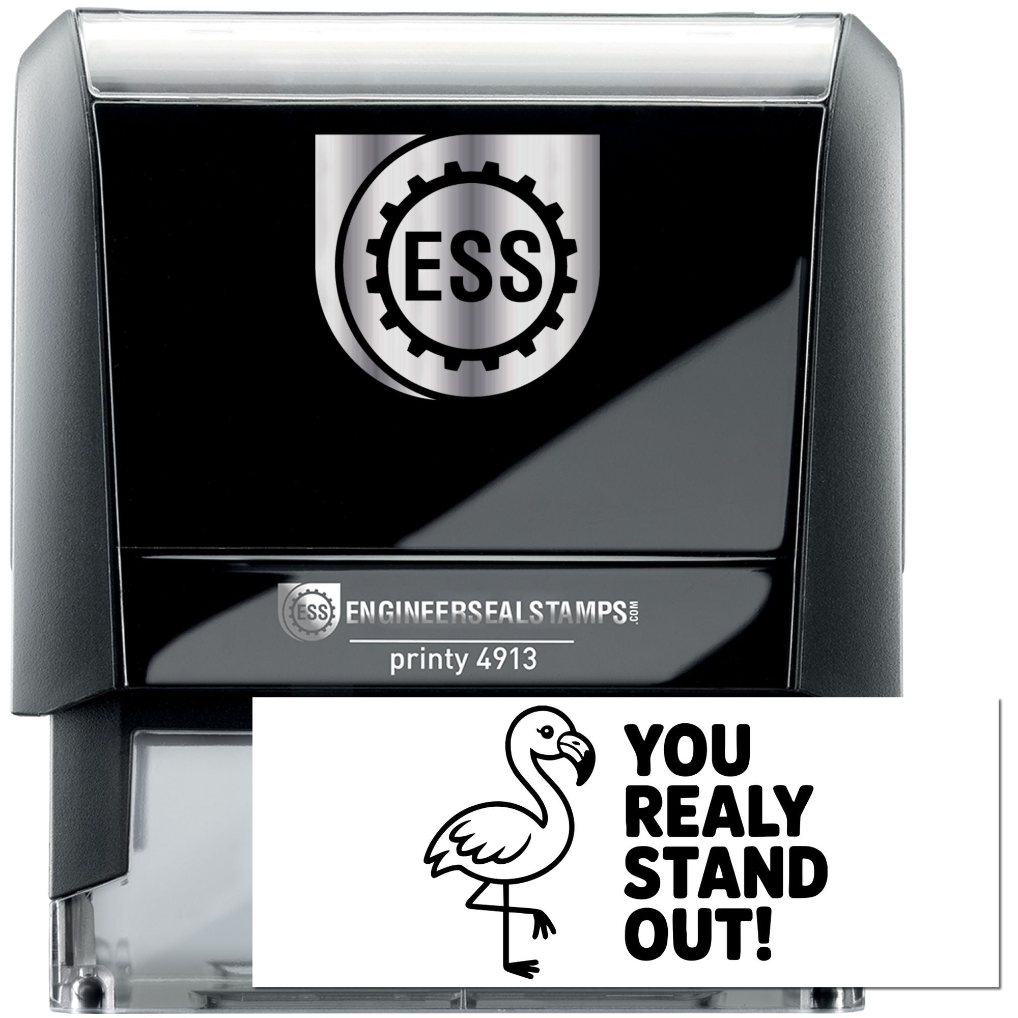 Black-and-silver stamp and seal set with ESS gear logo and white seal card featuring a flamingo and bold You really stand out! text.