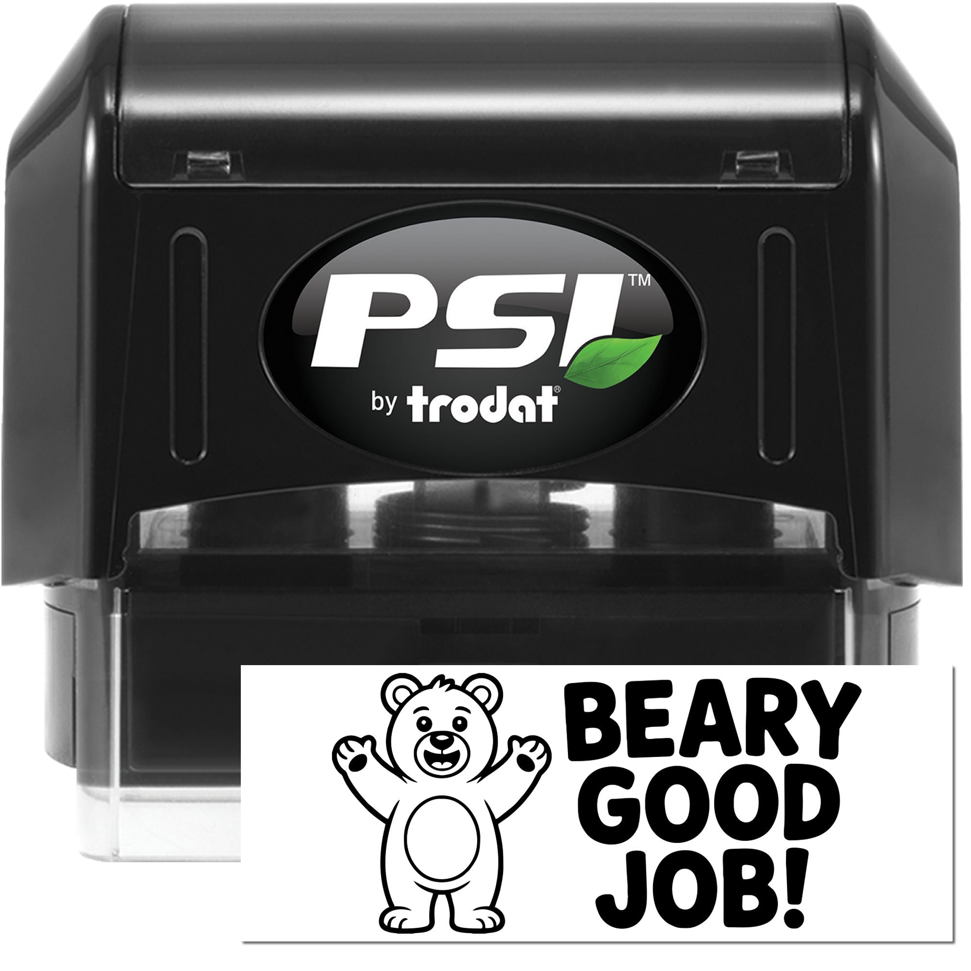 Black PSI by Trodat self-inking stamp with clear base and white bear Beary Good Job! seal card