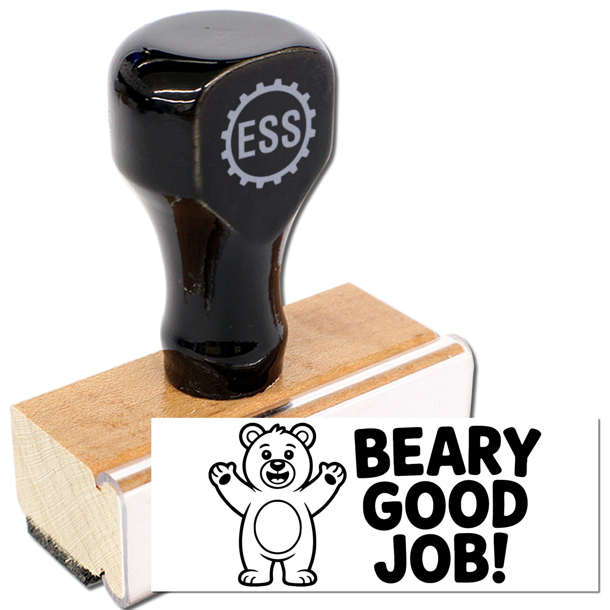 Black self-inking stamp and seal with ESS logo, wooden base, and bear BEARY GOOD JOB! imprint on white card.
