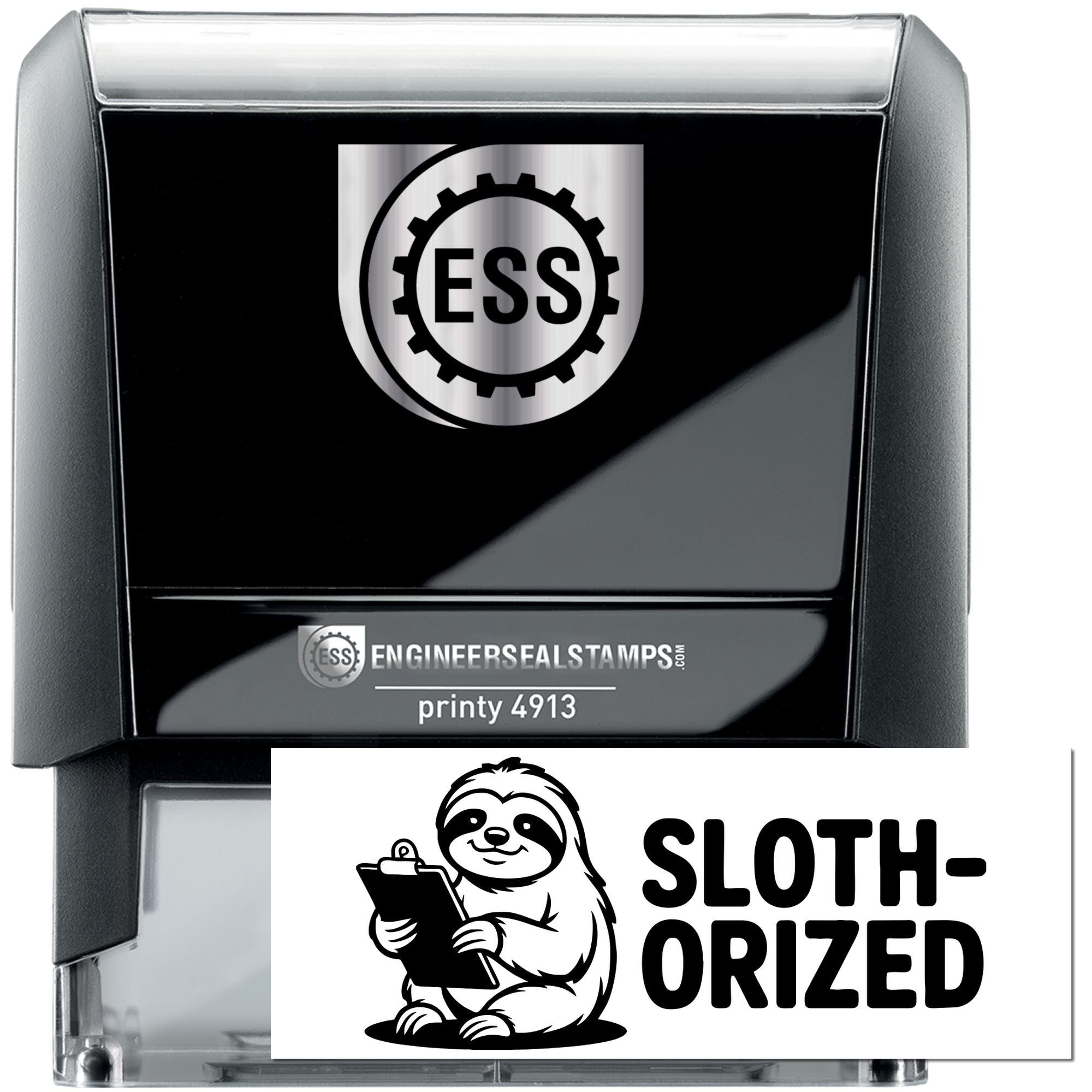 Black self-inking engineer seal stamp with silver ESS logo and Sloth-Orized label, in a clear plastic case.