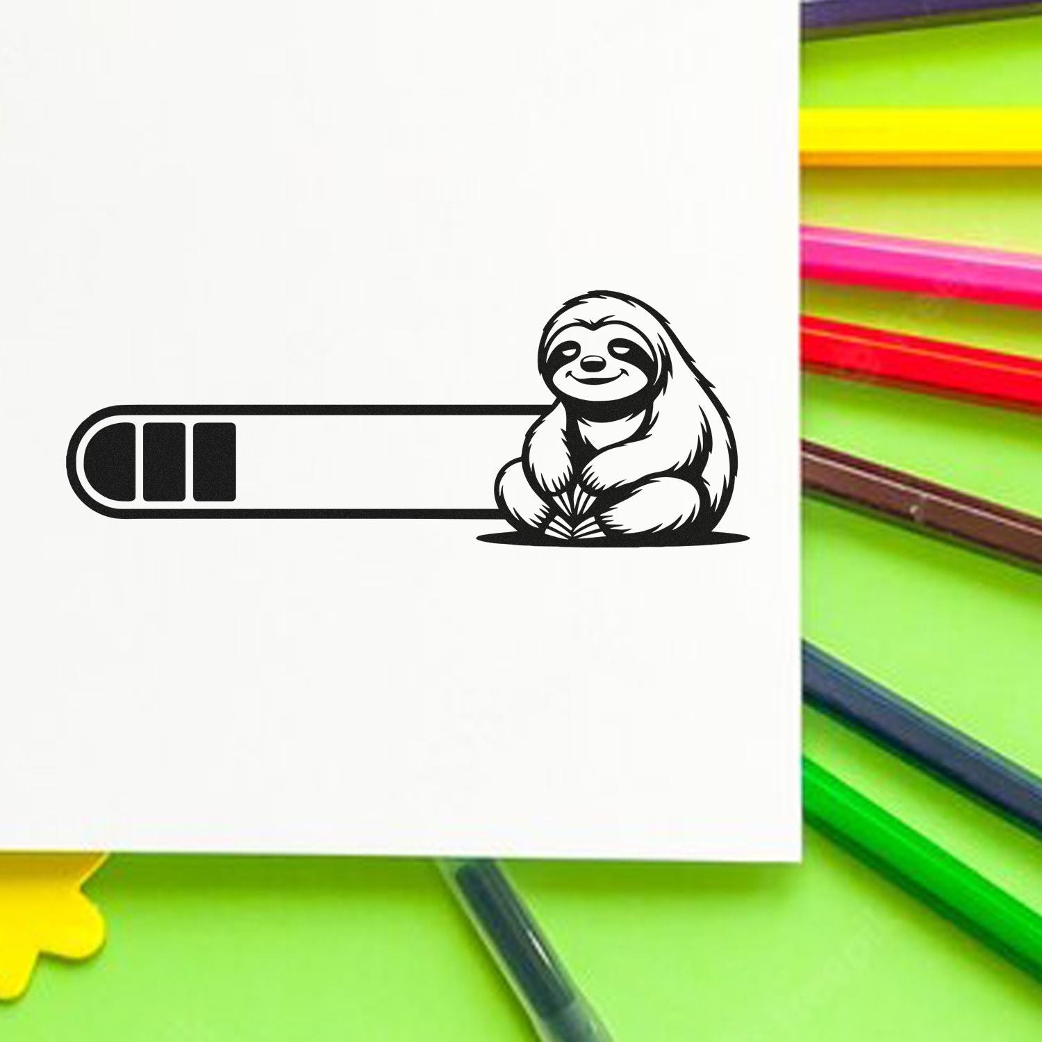 Black sloth custom stamp and seal design on white card, with colorful pens on a green background.