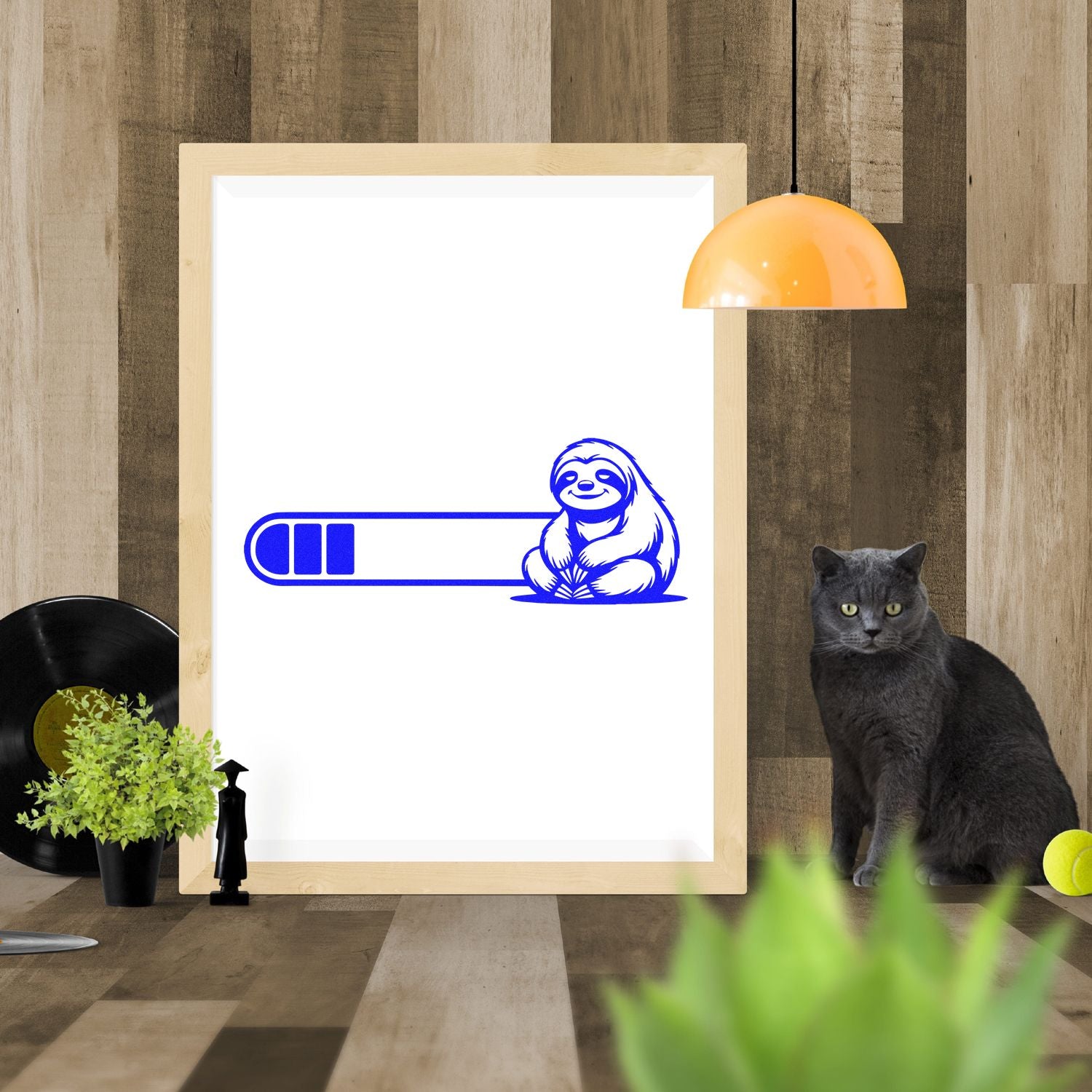 Wood-framed stamp and seal design with blue sloth logo and progress bar on white, styled in a modern room with wood walls.