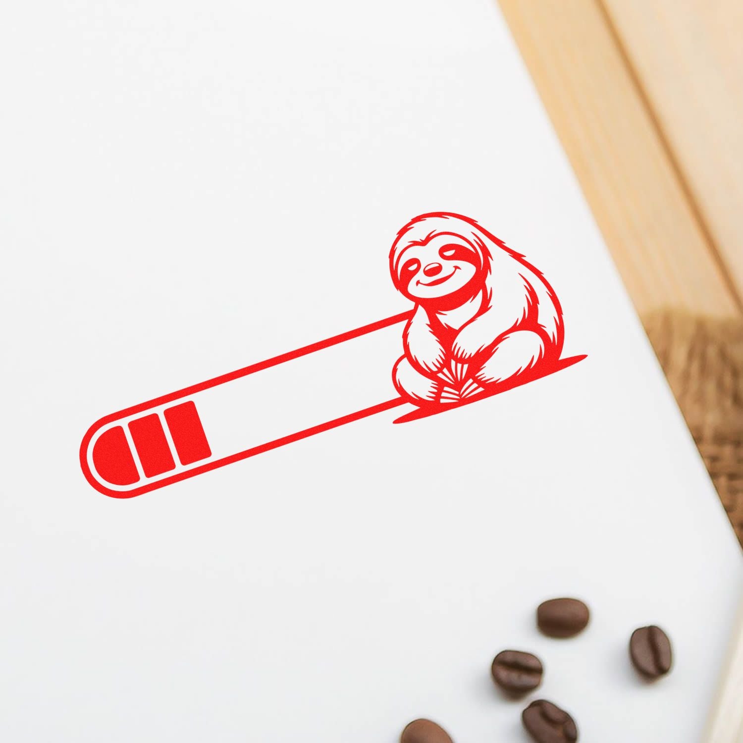 Red sloth custom stamp seal on white paper with coffee beans and wooden edge