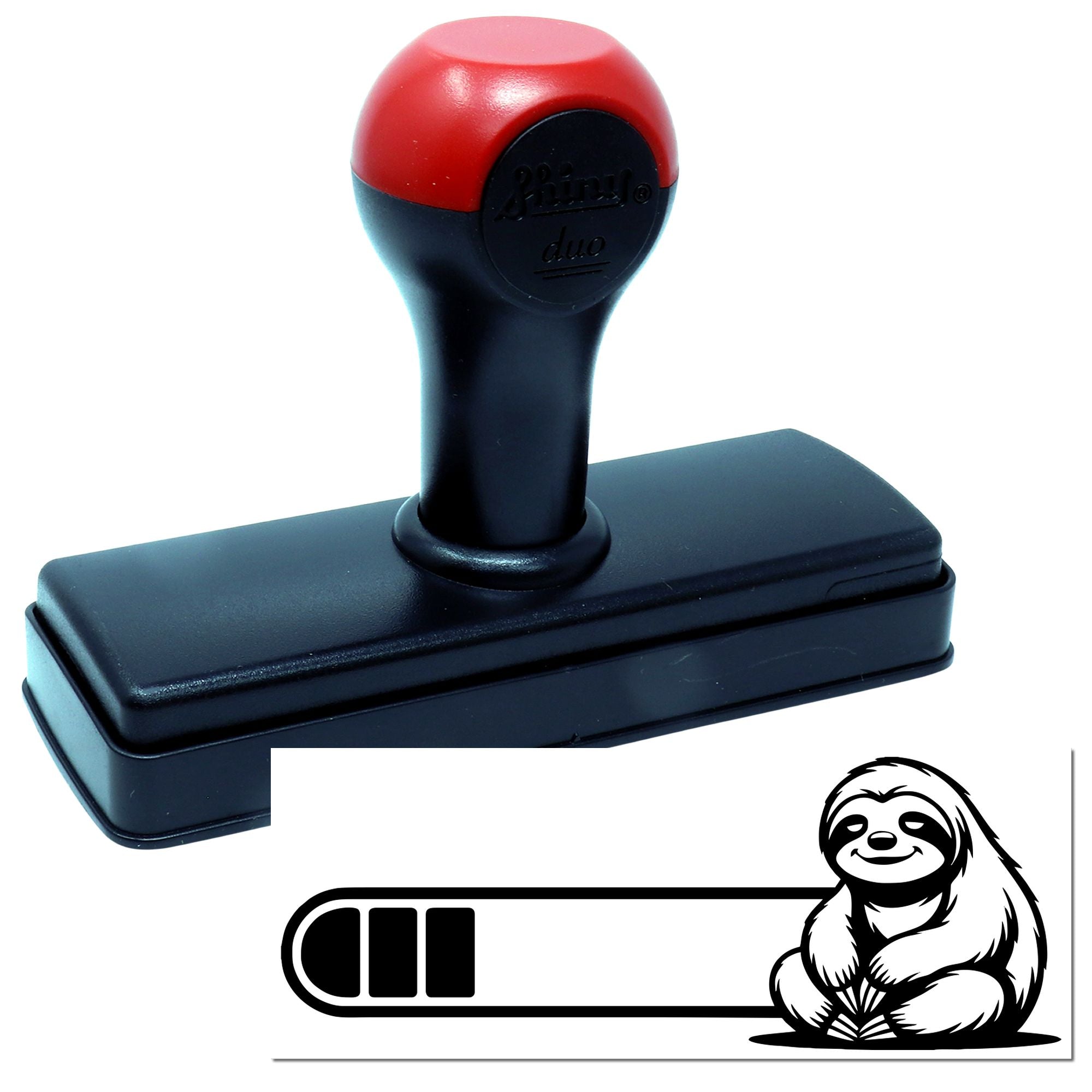 Red-and-black self-inking rubber stamp with sloth logo seal design and matching black case