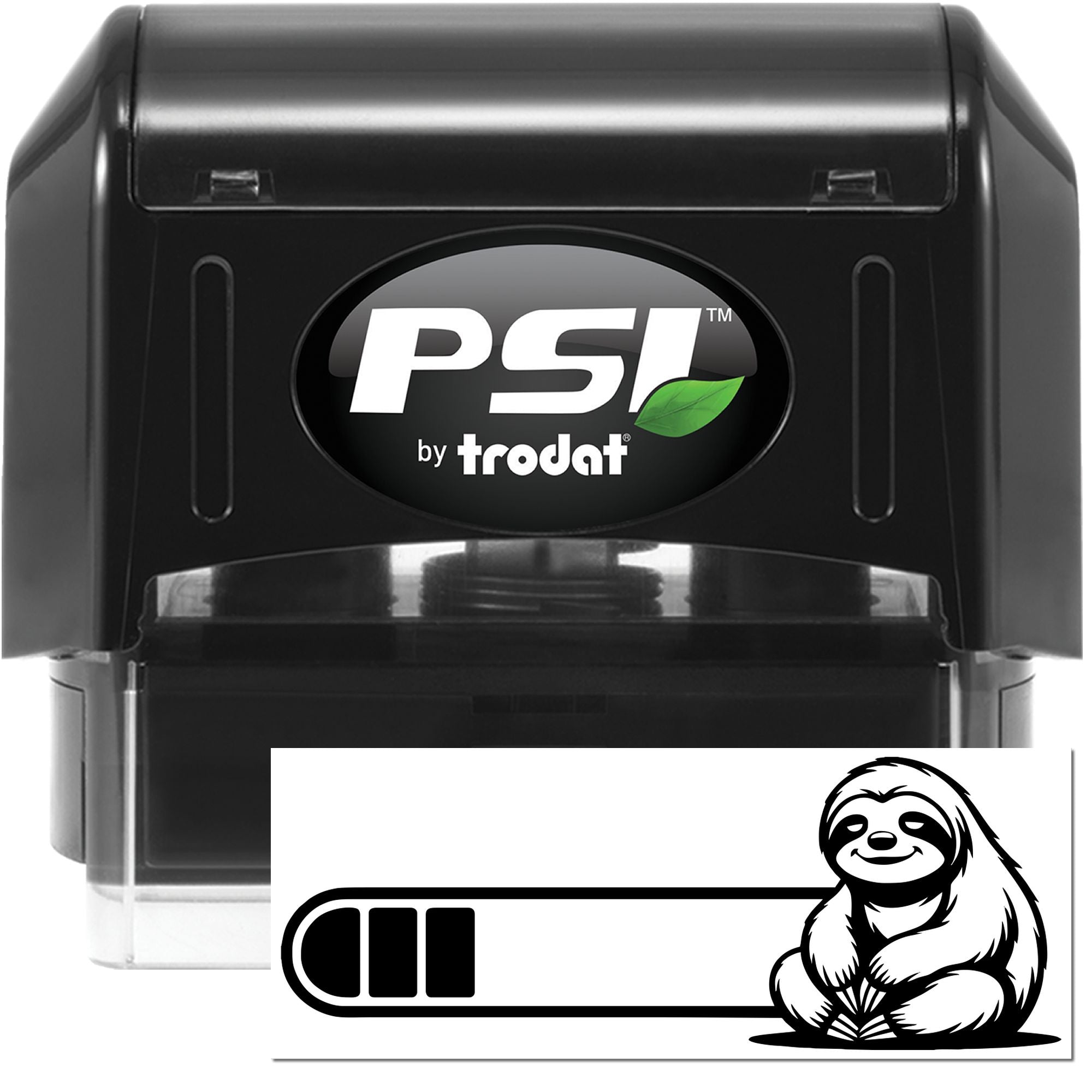 Black PSI by trodat self-inking stamp with green leaf logo, plus white seal card featuring a black sloth graphic.