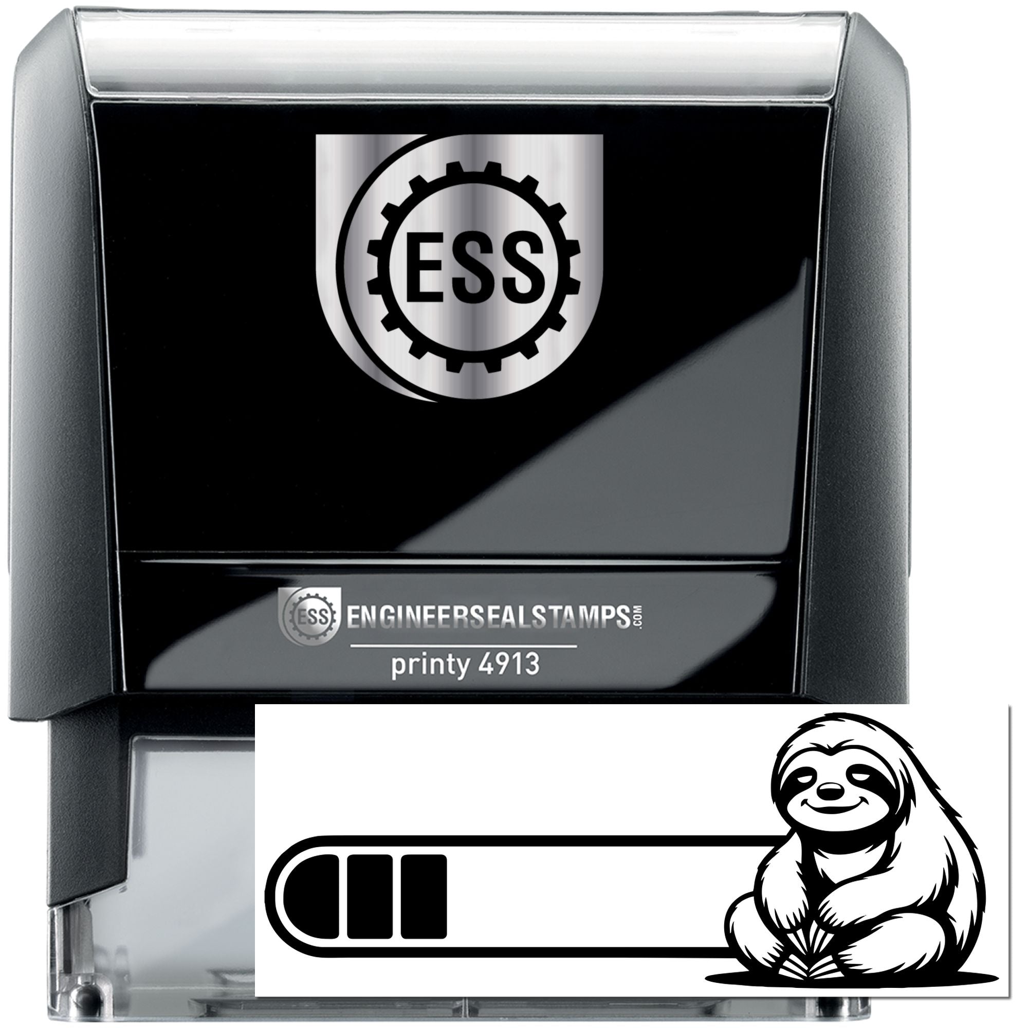 Black self-inking ESS engineering seal stamp with silver logo, plus a sloth graphic stamp in a clear case