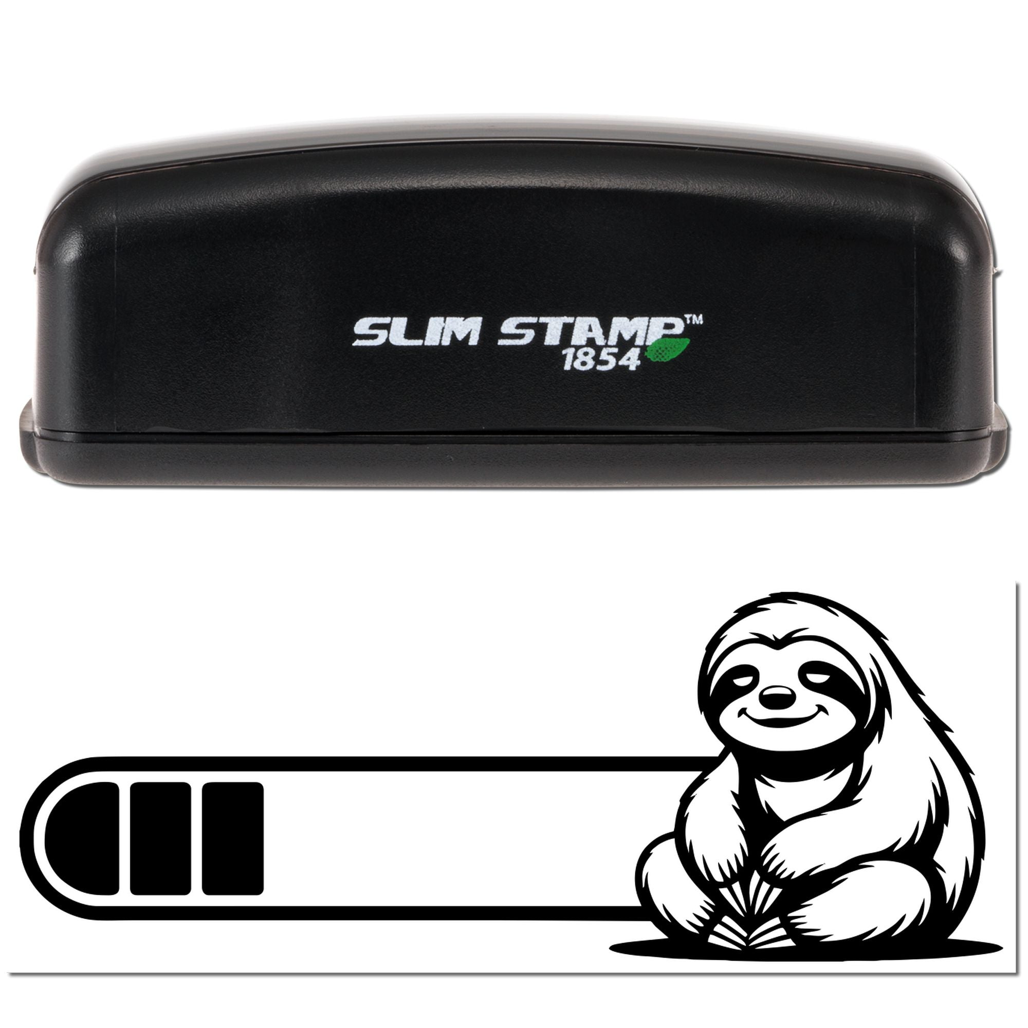 Black Slim Stamp 1854 stamp and seal case with green leaf logo, plus black-and-white sloth seal design