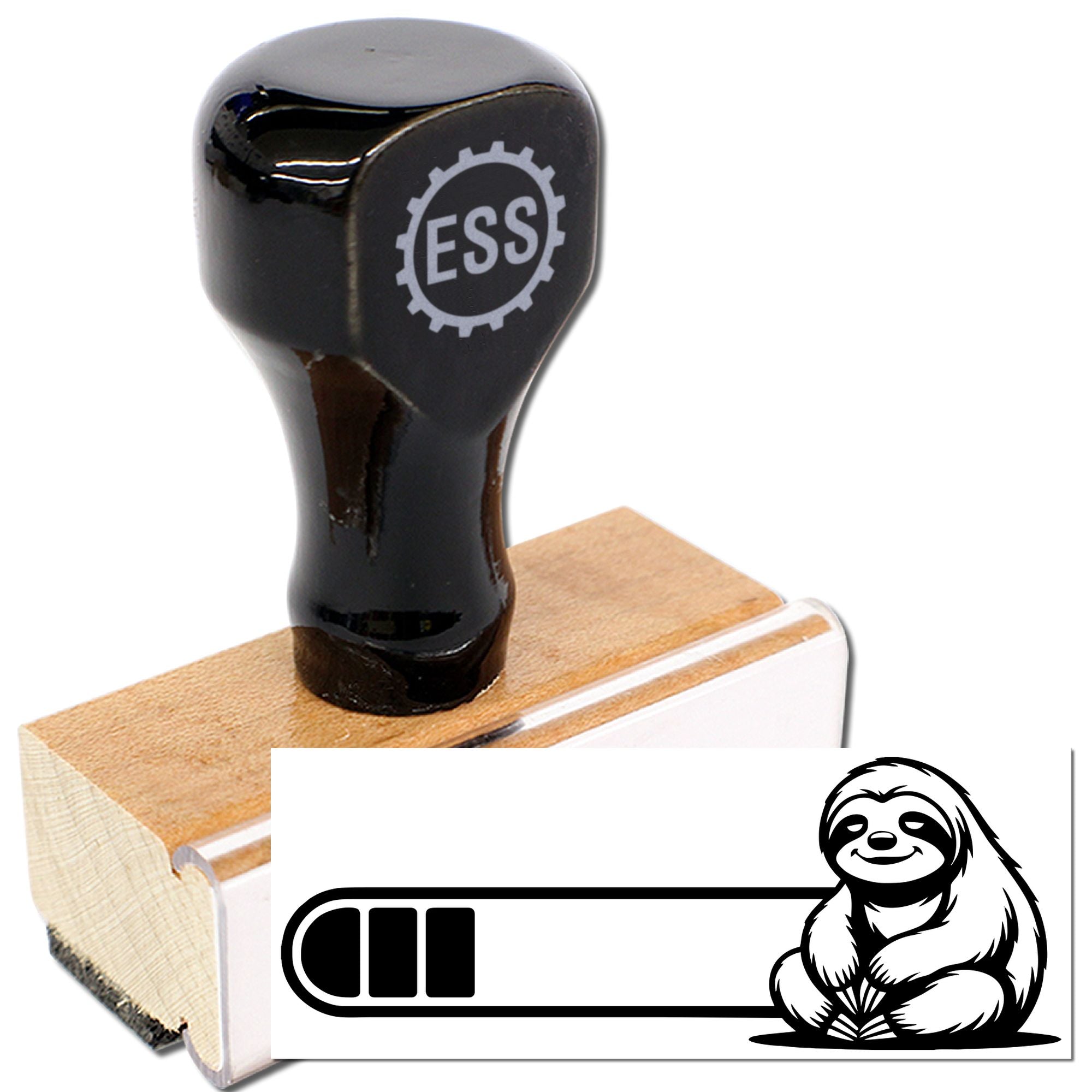 Black ESS custom stamp and seal on a wooden block, glossy black handle, white base, sloth logo design