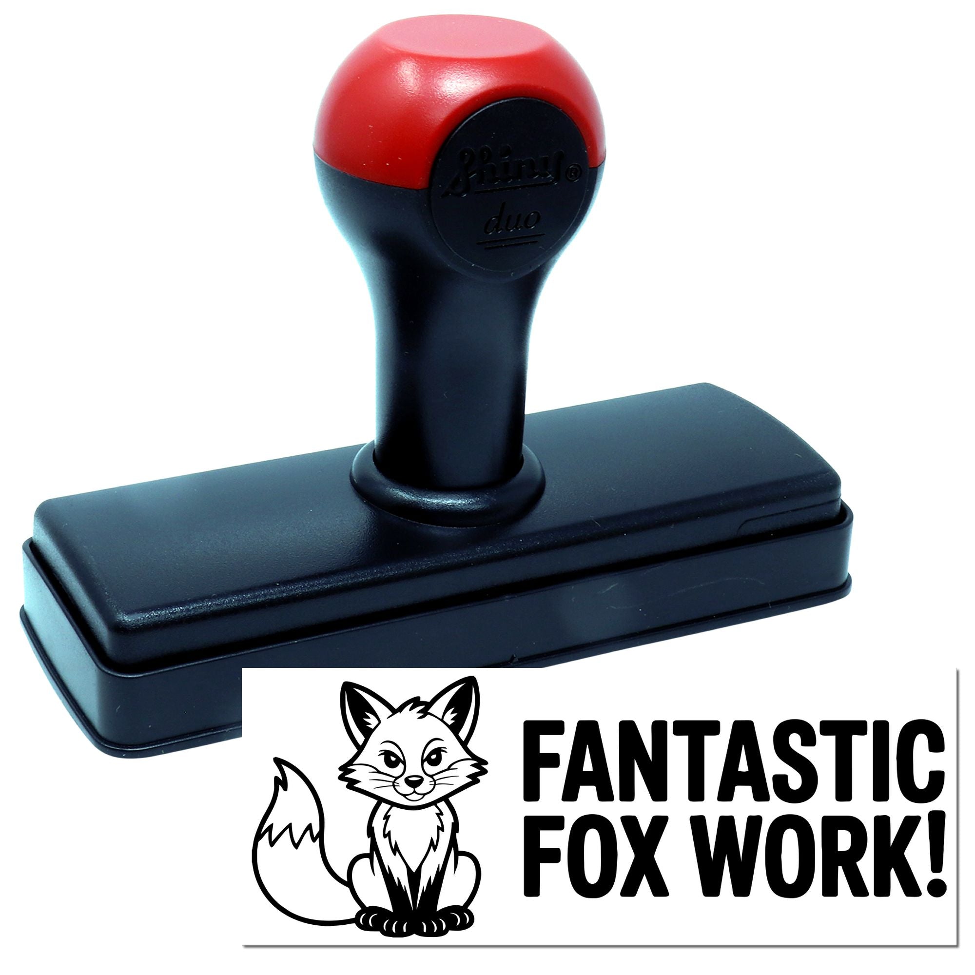 Red and black self-inking stamp and seal with fox logo and bold FANTASTIC FOX WORK! text