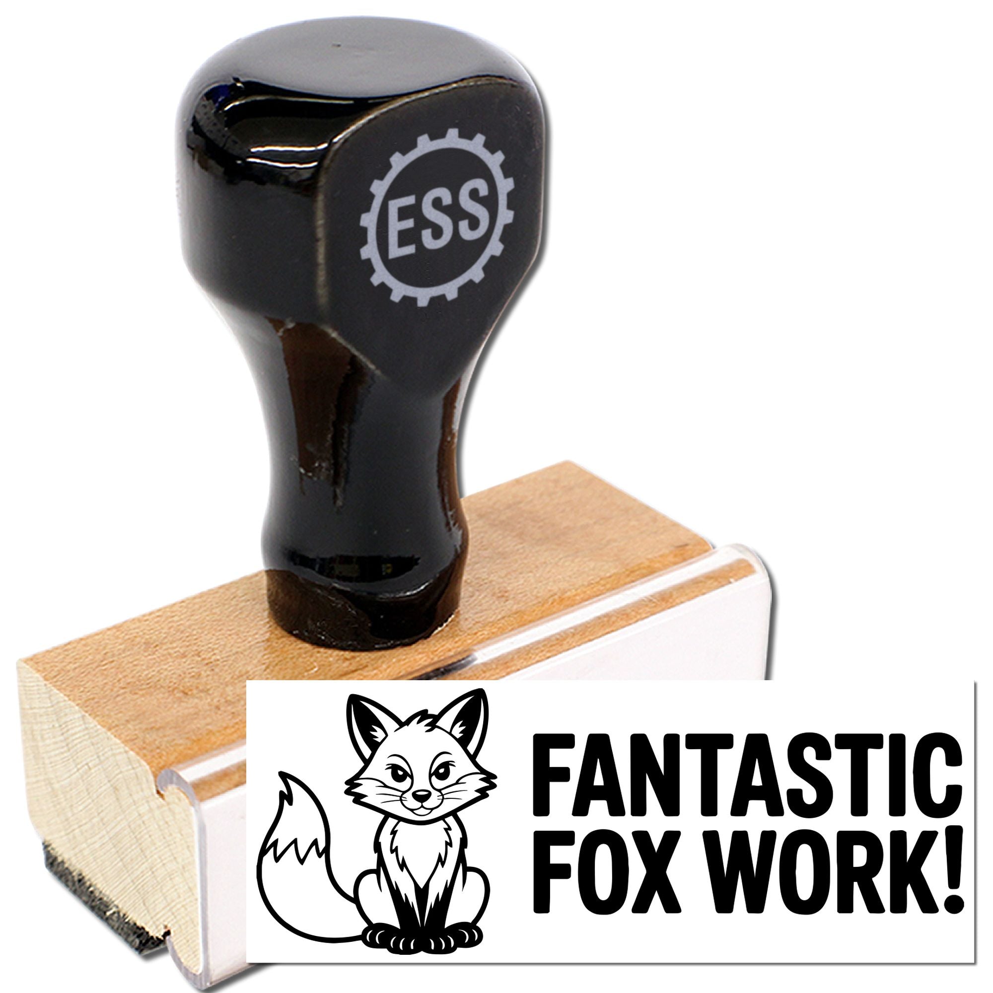 Black rubber stamp and seal with wooden base, printing a fox logo and FANTASTIC FOX WORK! in bold black.