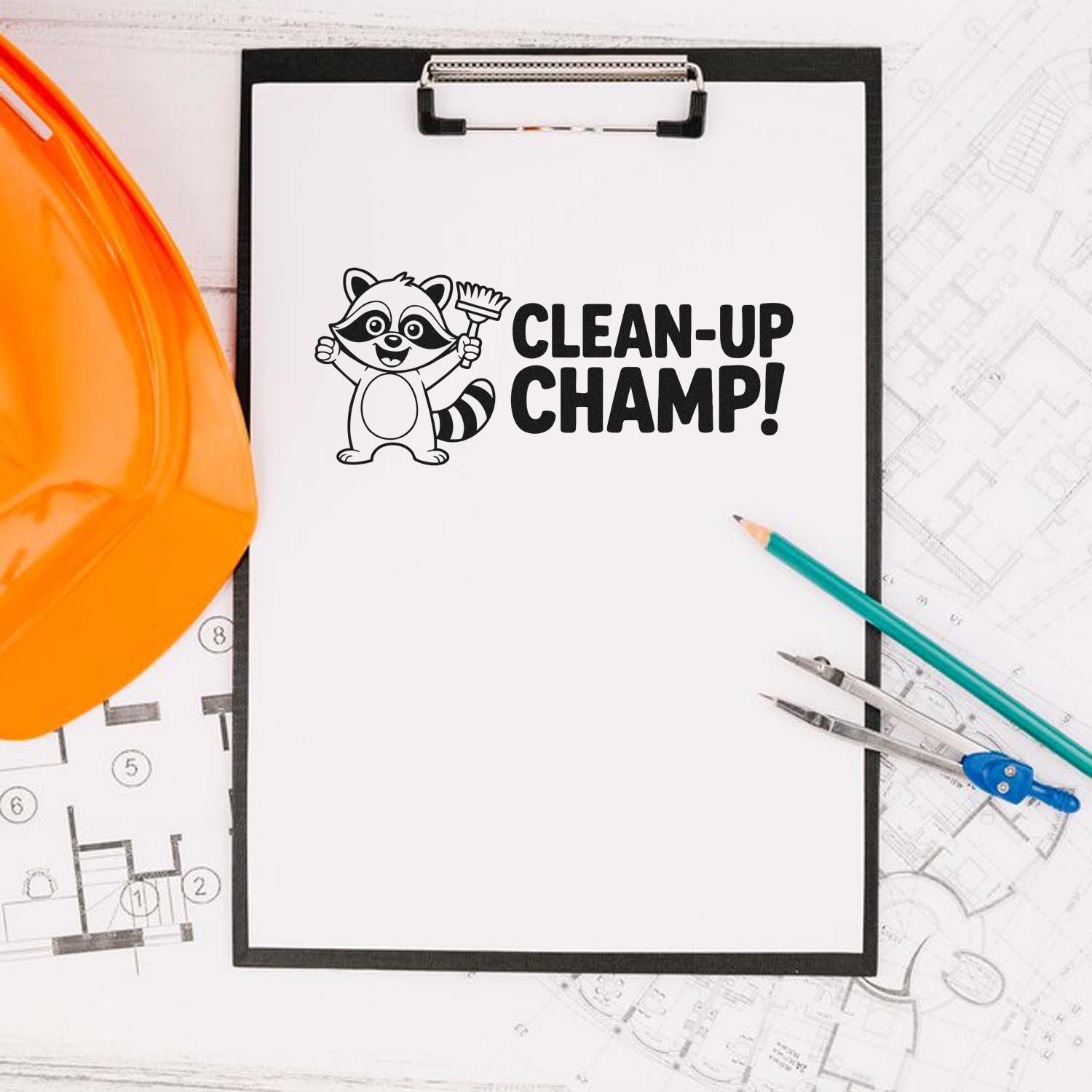 Black Clean-Up Champ stamp and seal design with raccoon, clipboard, orange hard hat, pencils, and blueprints.