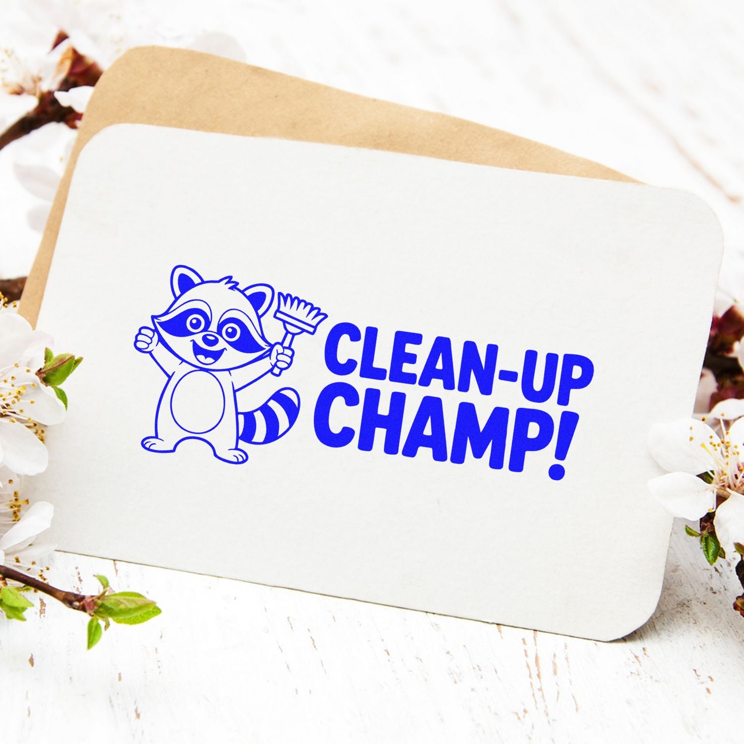 Blue raccoon cleanup stamp and seal on white card with tan backing, reading CLEAN-UP CHAMP!