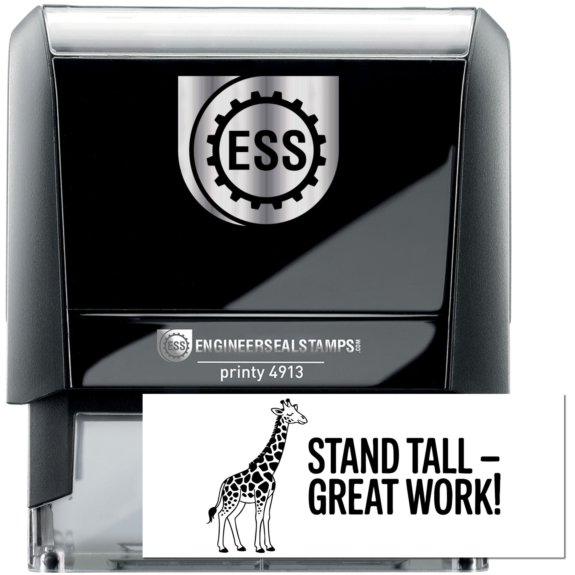 Black self-inking ESS stamp and seal with silver top, showing a white giraffe Stand Tall - Great Work! impression.