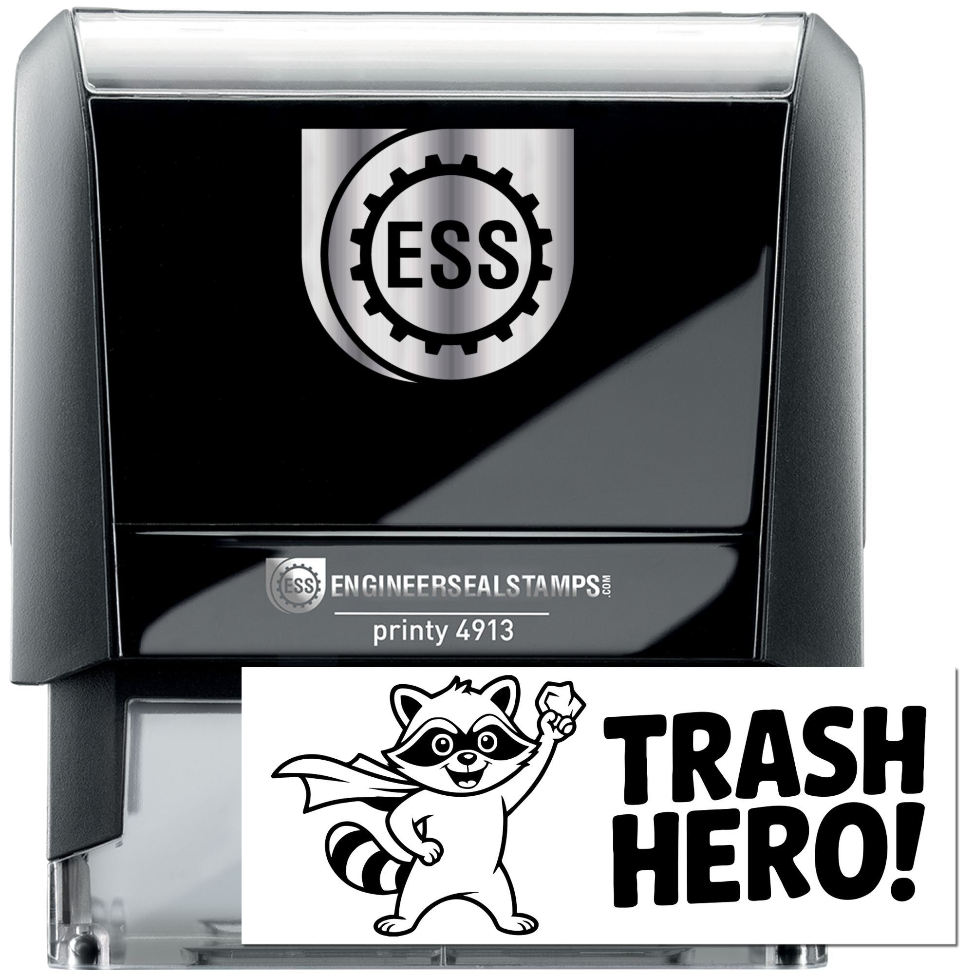Black and silver self-inking stamp and seal set with ESS logo and white Trash Hero raccoon graphic.