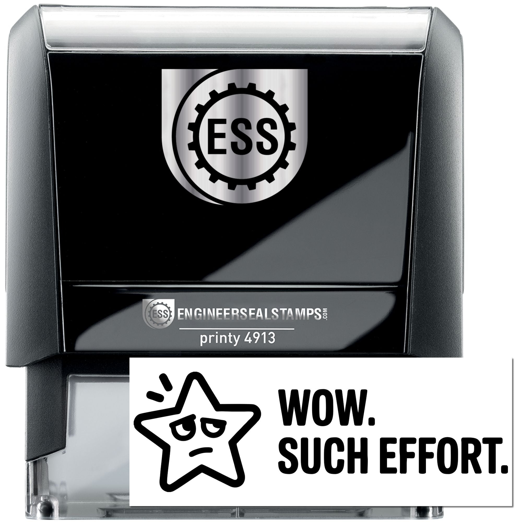 Black self-inking engineer seal stamp, black and silver, with ESS logo and clear case labeled printy 4913.