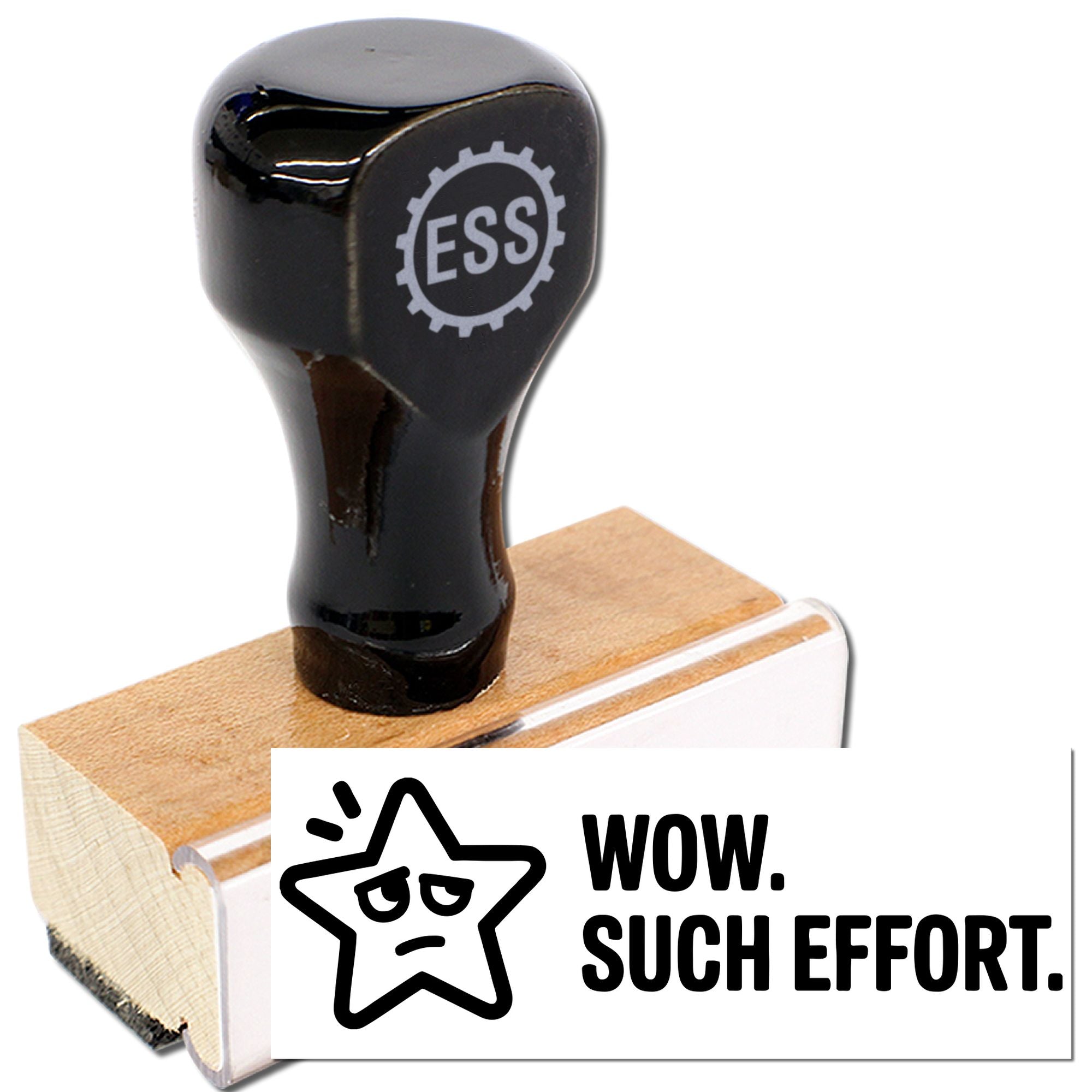 Black rubber stamp and seal on a wooden block, with WOW. SUCH EFFORT. impression in black and white.