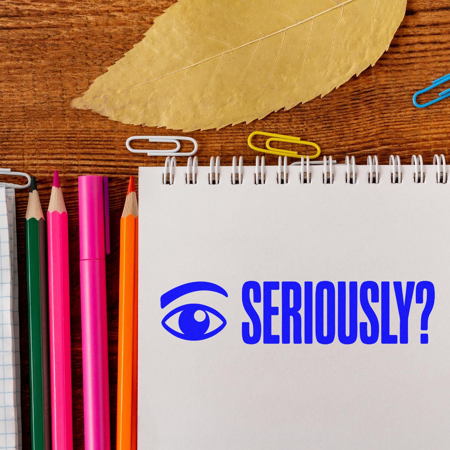 Blue eye and SERIOUSLY? stamp on a white spiral notebook, with colorful pencils, paper clips, and a wood background.