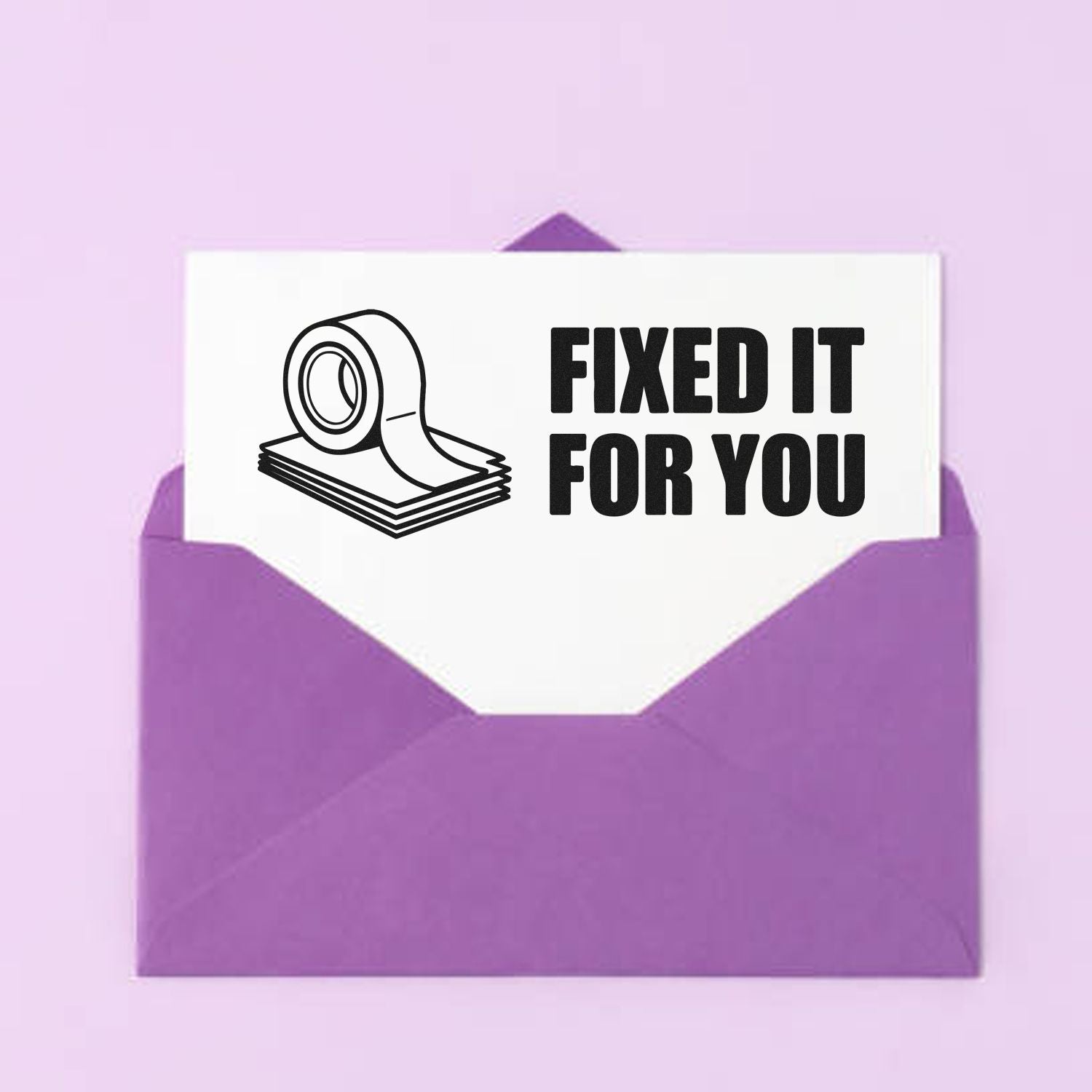 Purple envelope seal product with white card, black tape stamp icon, and bold FIXED IT FOR YOU text.