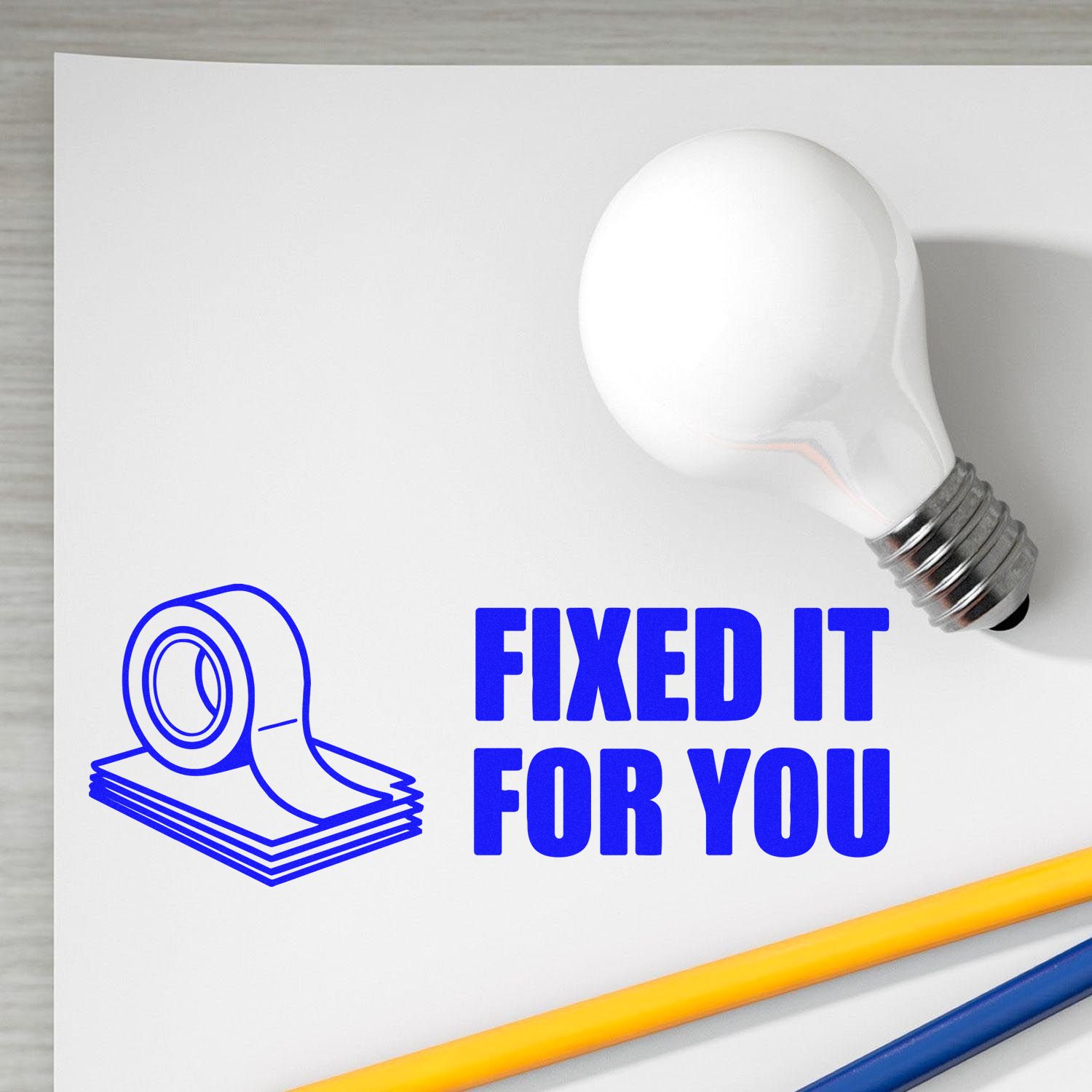White lightbulb-shaped stamp and blue seal design with bold FIXED IT FOR YOU text on white background.