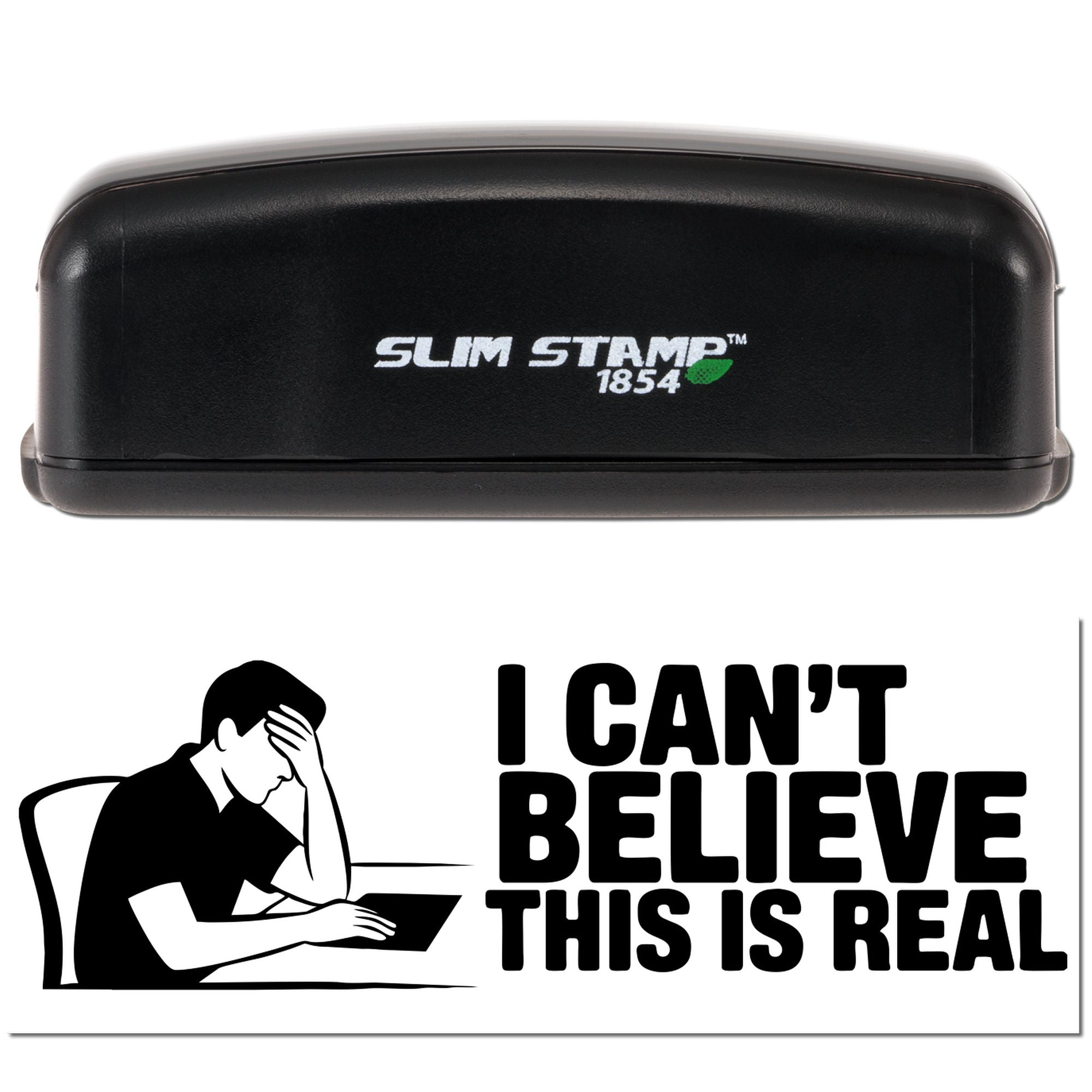 Black Slim Stamp 1854 self-inking stamp and seal with white slogan, distressed person graphic, and green leaf logo.