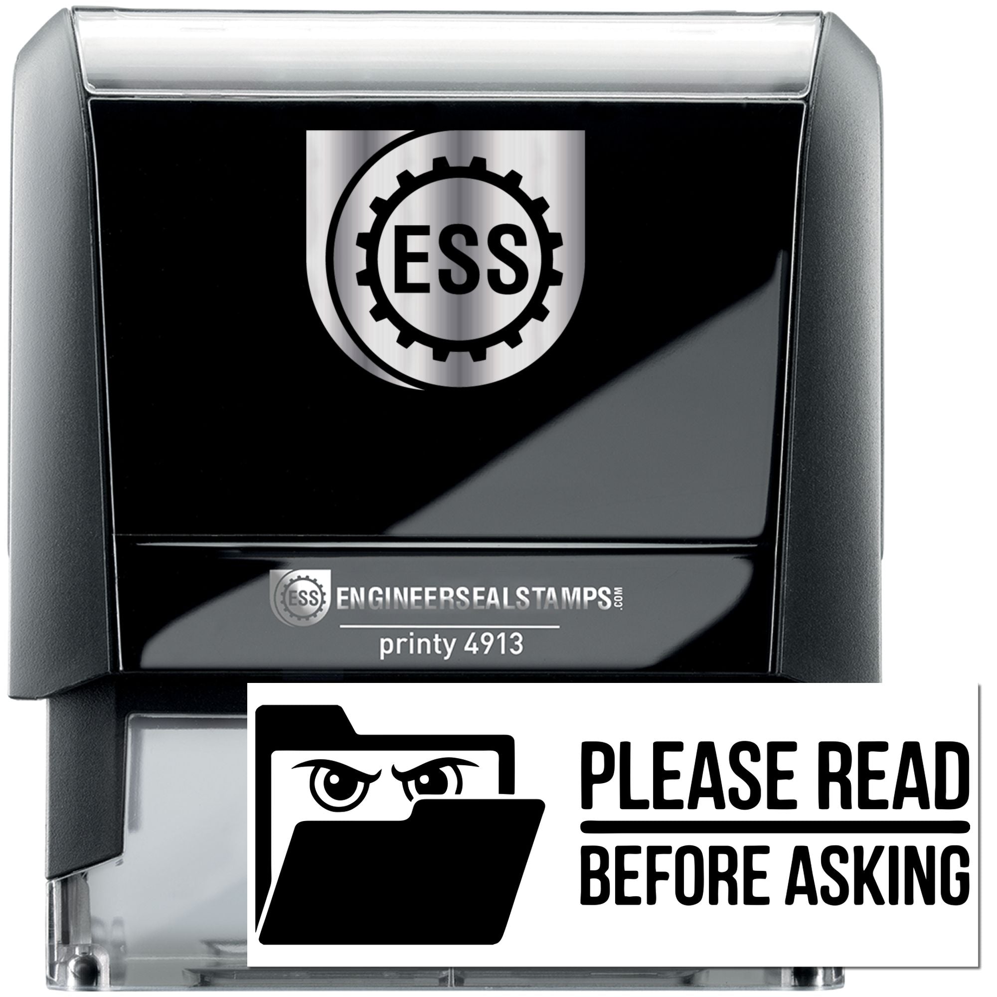 Black self-inking engineer seal stamps with silver accents, including an ESS logo and a white Please Read Before Asking design.