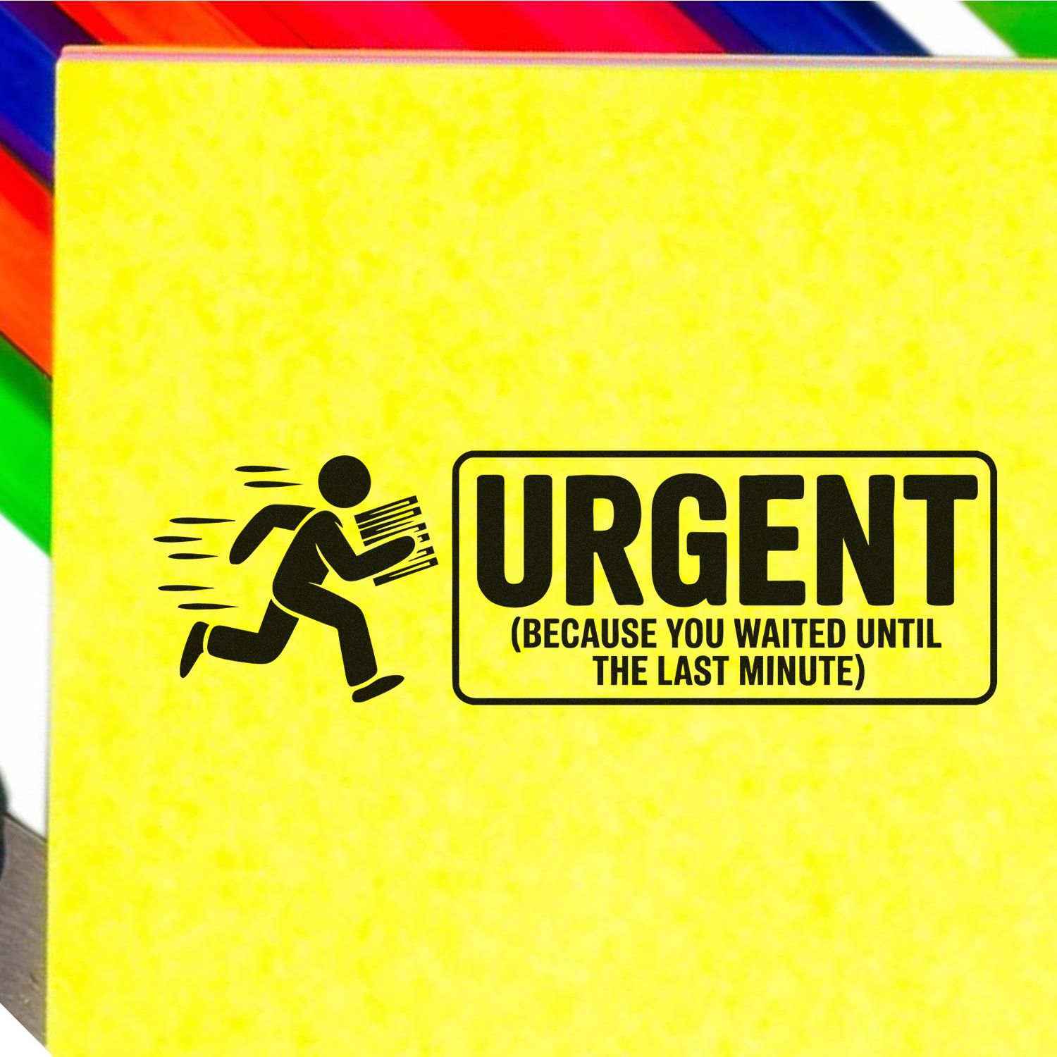 Yellow urgent rubber stamp seal with black running figure and bold URGENT text on bright yellow background.