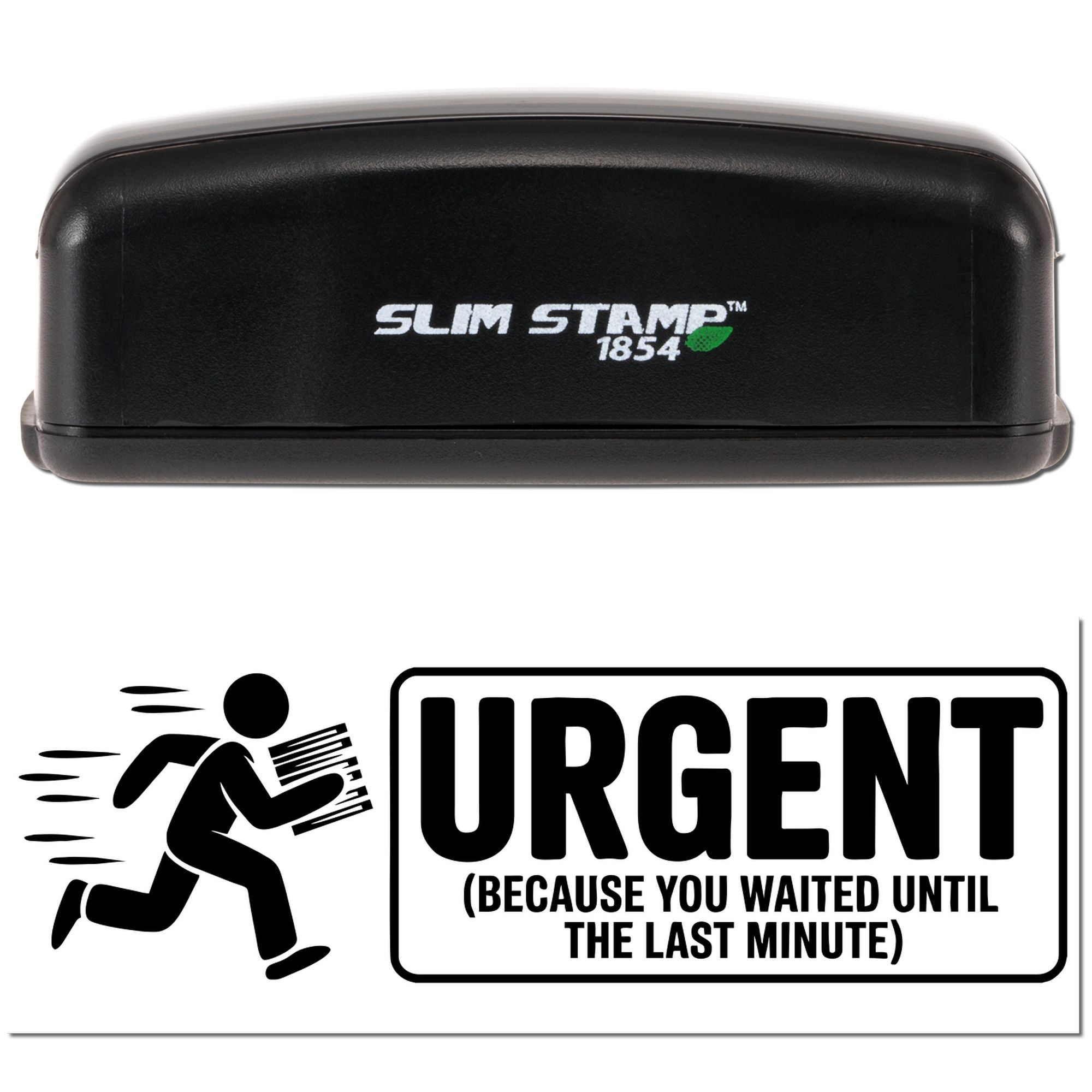 Black Slim Stamp 1854 stamp and seal product with urgent black-and-white graphic and running figure.