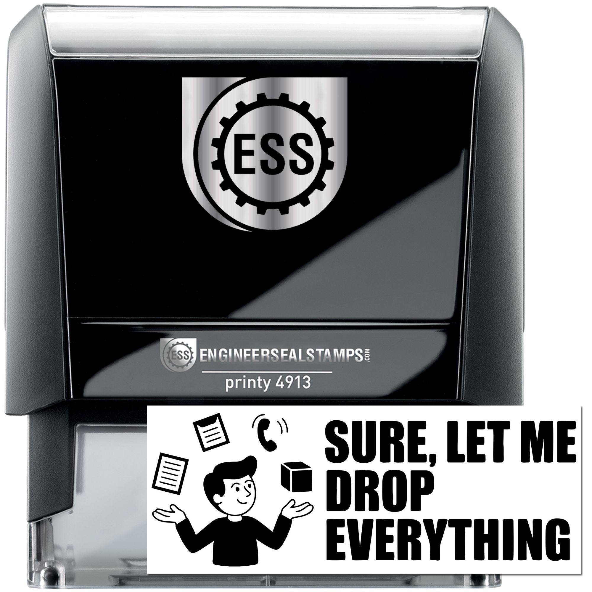 Black self-inking engineer seal stamp with silver ESS logo and printy 4913 label