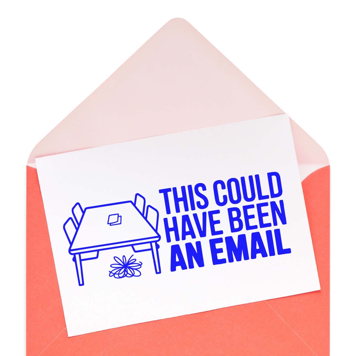 Coral envelope with white stamp and seal card, bold blue house icon, and text: This could have been an email.