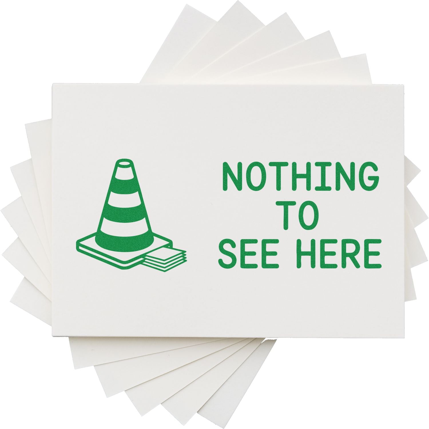 White stamp and seal product with green traffic cone icon and Nothing to See Here text.