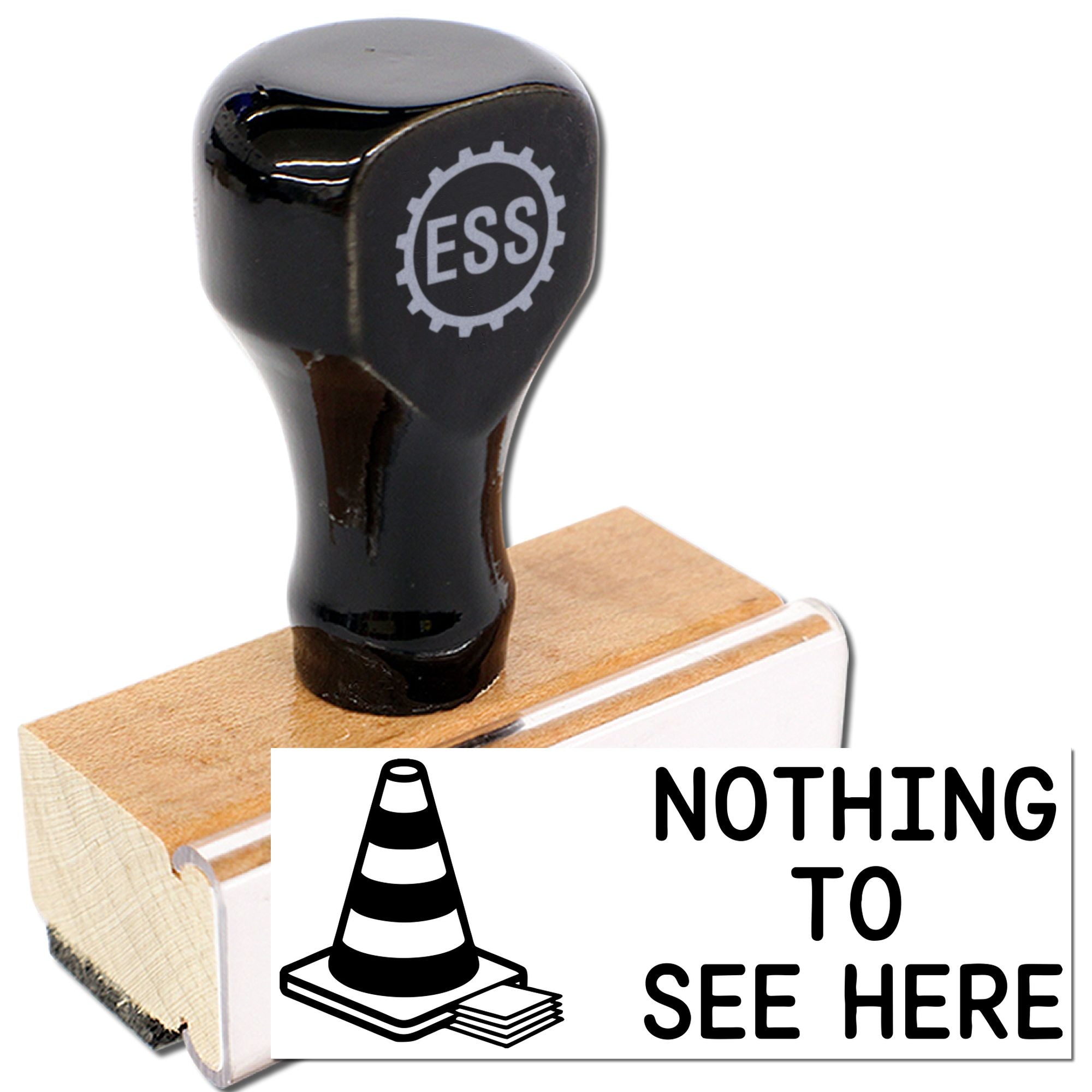 Black ESS stamp and seal on wooden base with white cone icon and "Nothing to See Here" text