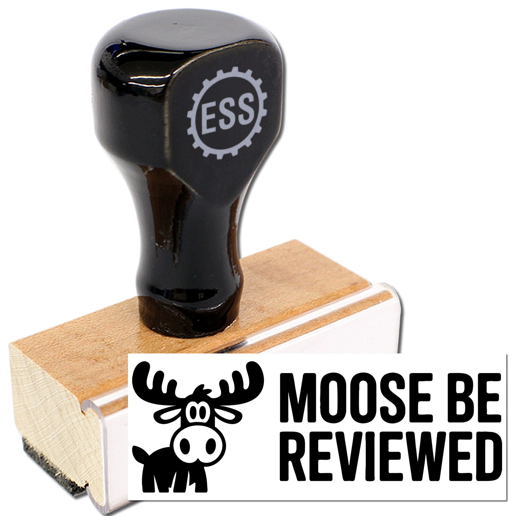 Black ESS rubber stamp with wooden handle, showing a moose BE REVIEWED seal impression on white.