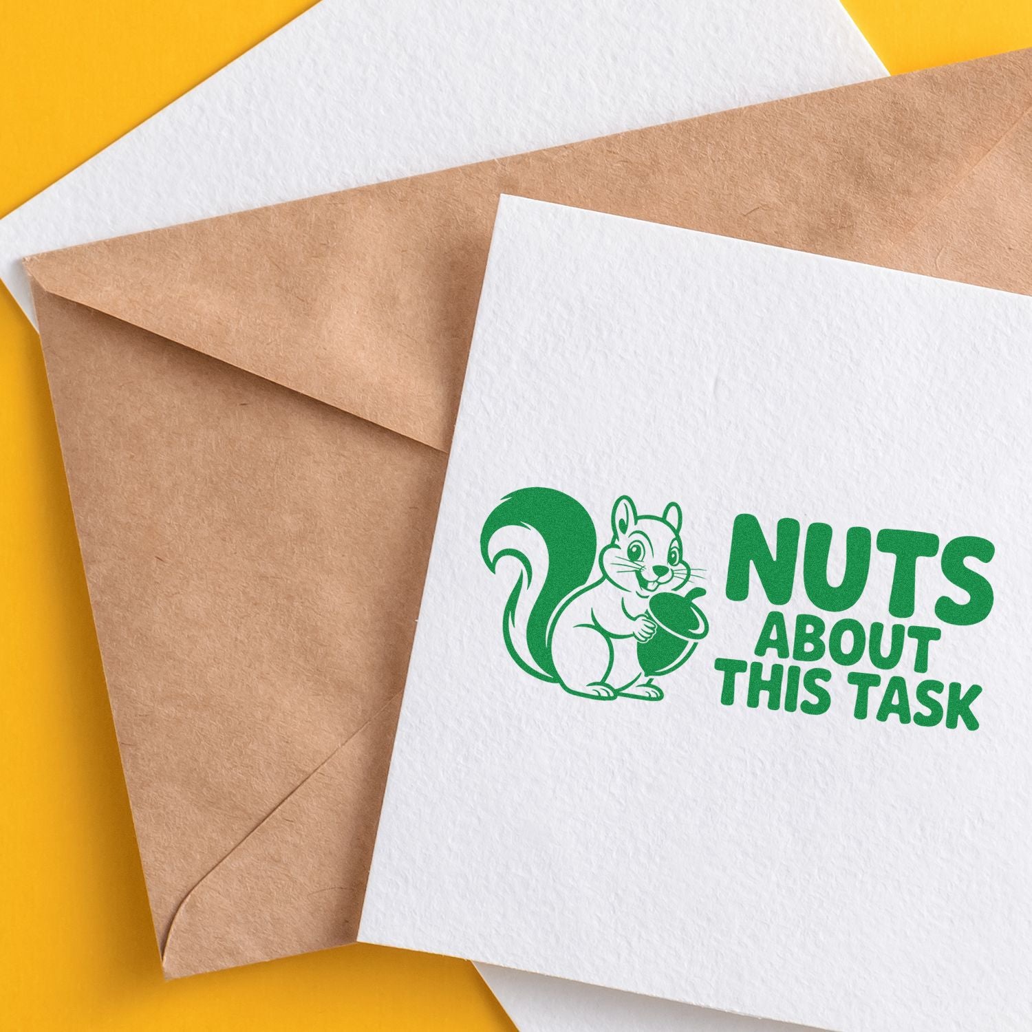 White and kraft envelopes featuring a green squirrel stamp seal and Nuts About This Task text on a yellow background.