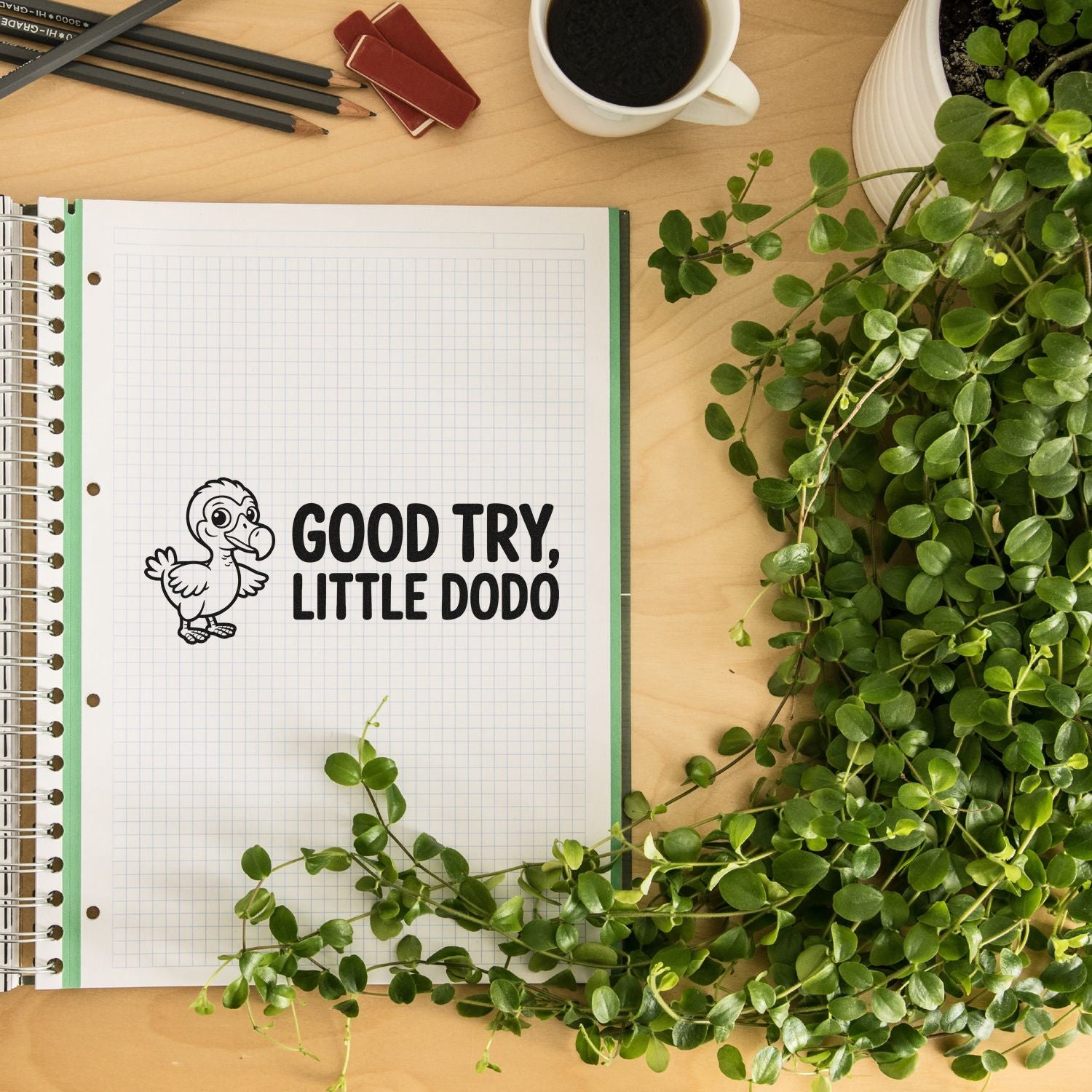 Black dodo stamp reading GOOD TRY, LITTLE DODO on graph notebook, with green plant and desk accessories.