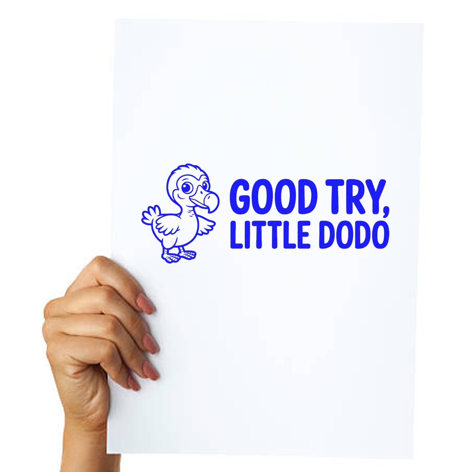 Blue rubber stamp design with dodo mascot and GOOD TRY, LITTLE DODO text on a white sheet, held by hand.