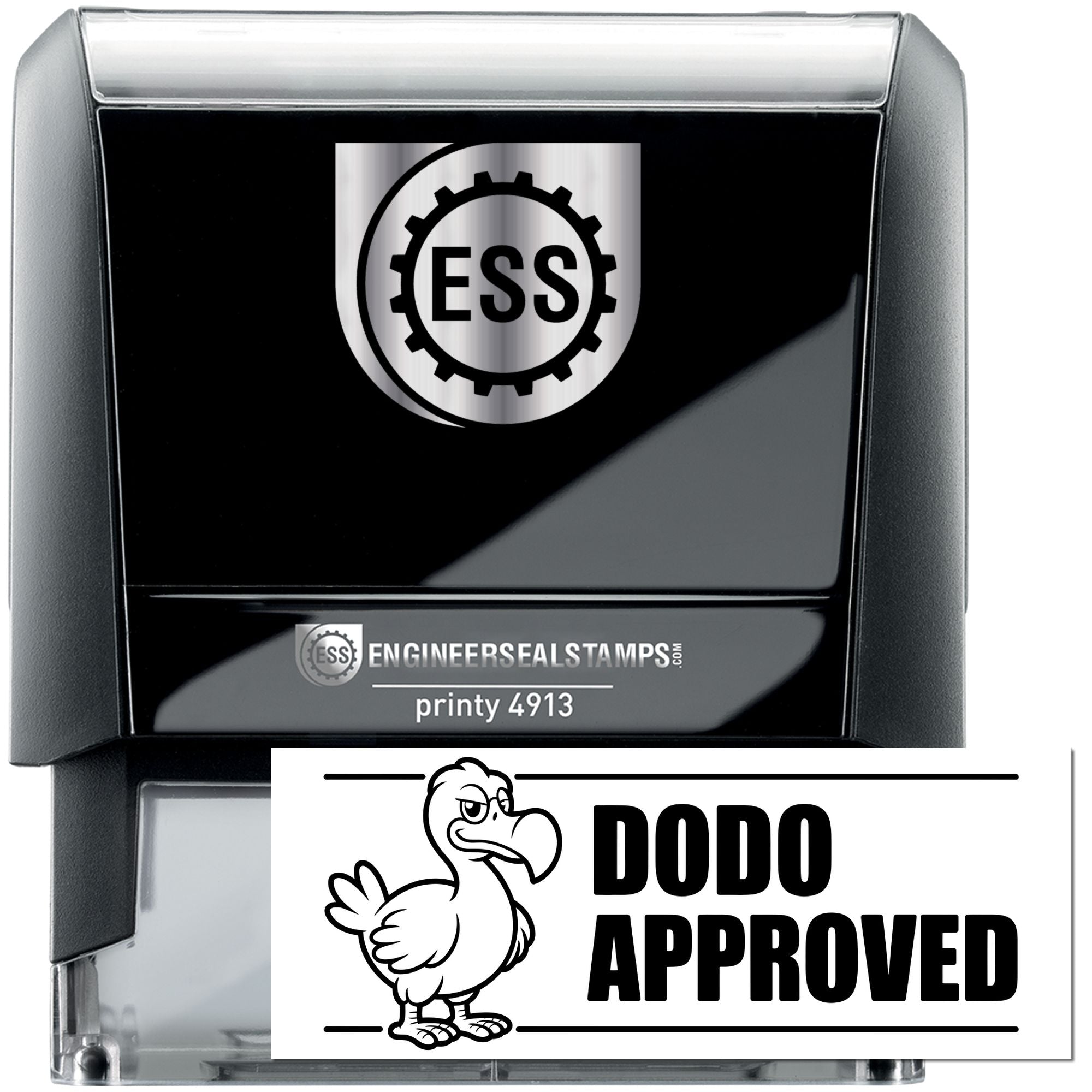 Black self-inking stamp and seal set with silver ESS logo, Printy 4913, and DODO APPROVED seal.