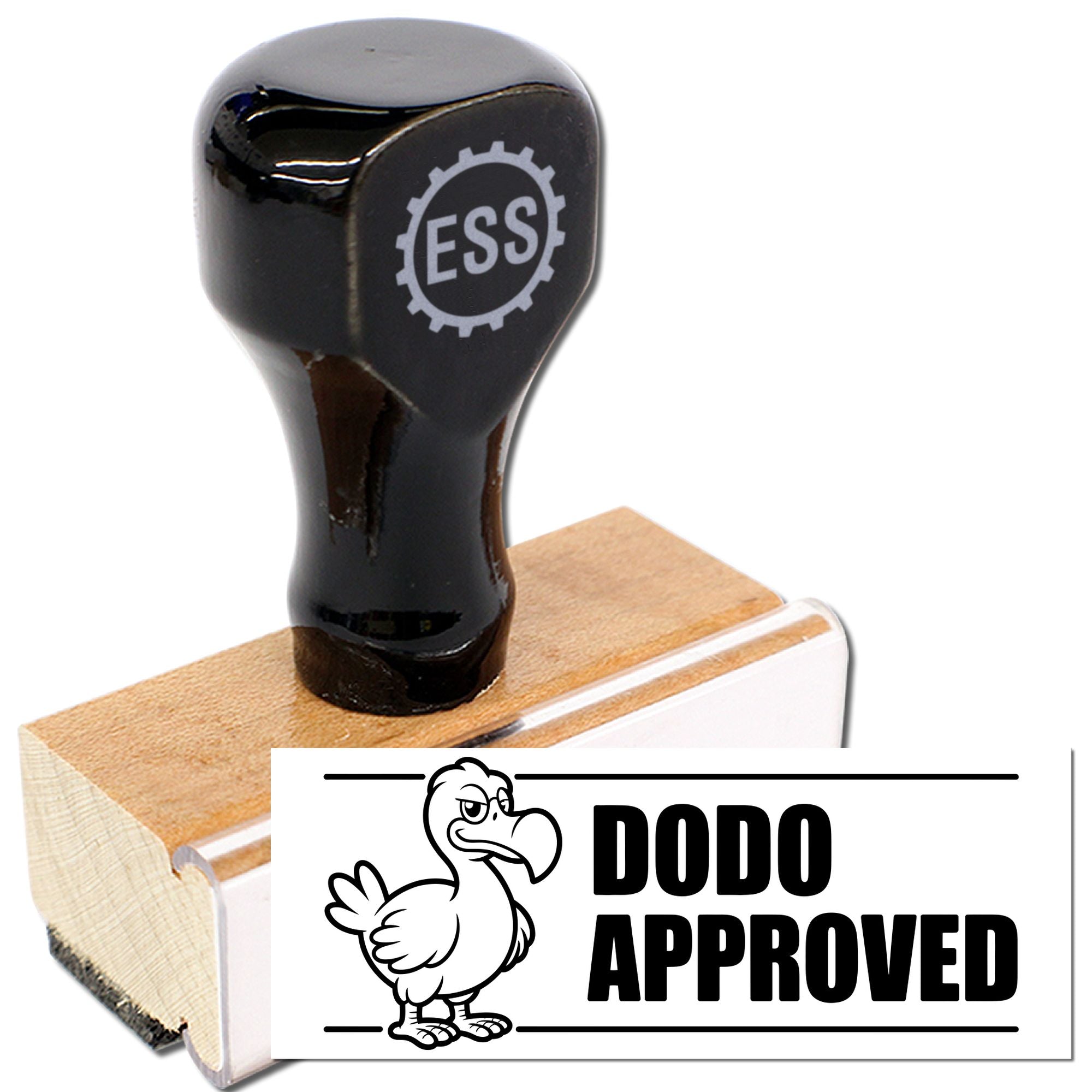 Black ESS rubber stamp on wooden block with white DODO APPROVED seal and dodo graphic