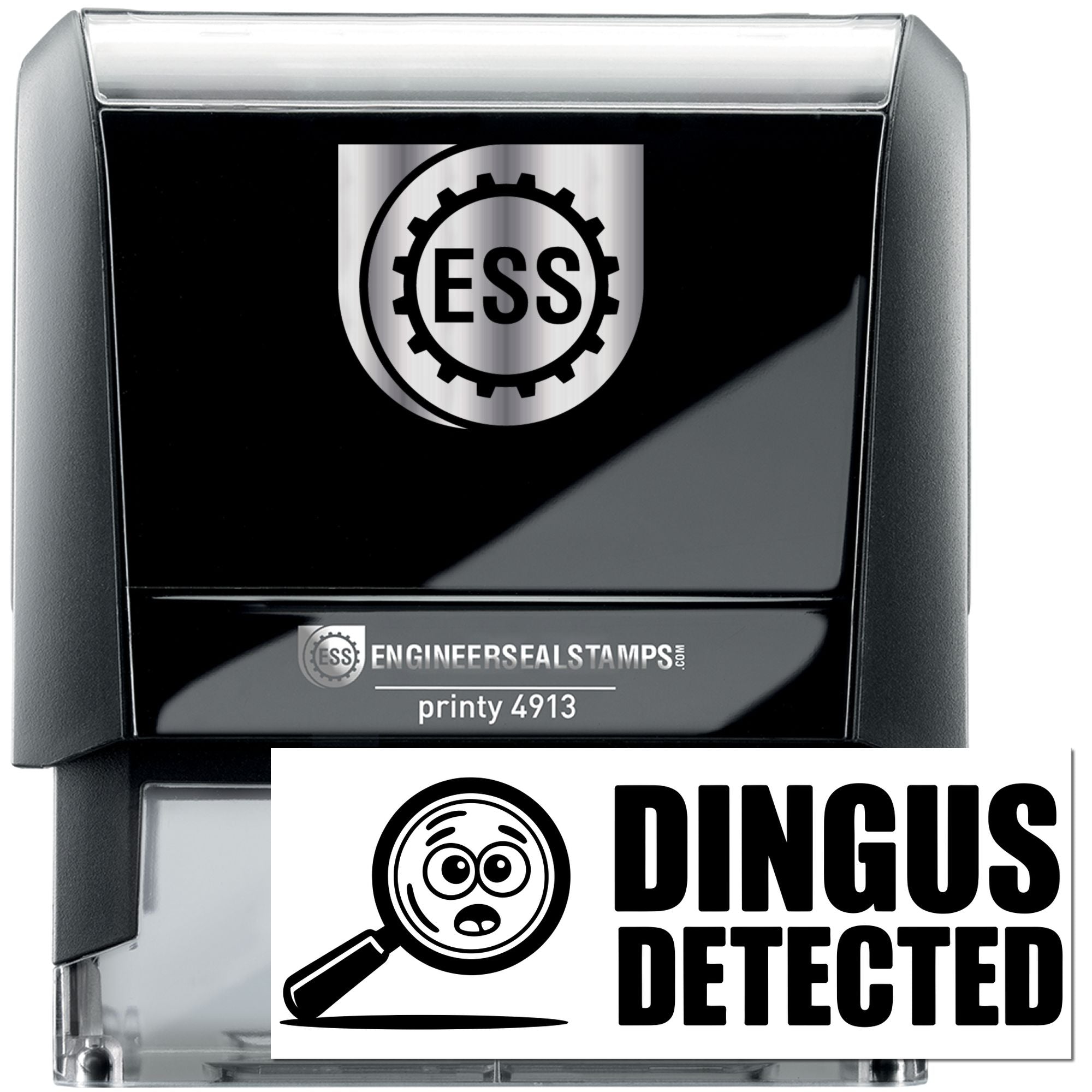 Black self-inking seal stamp with silver trim, ESS gear logo, and bold DINGUS DETECTED text.