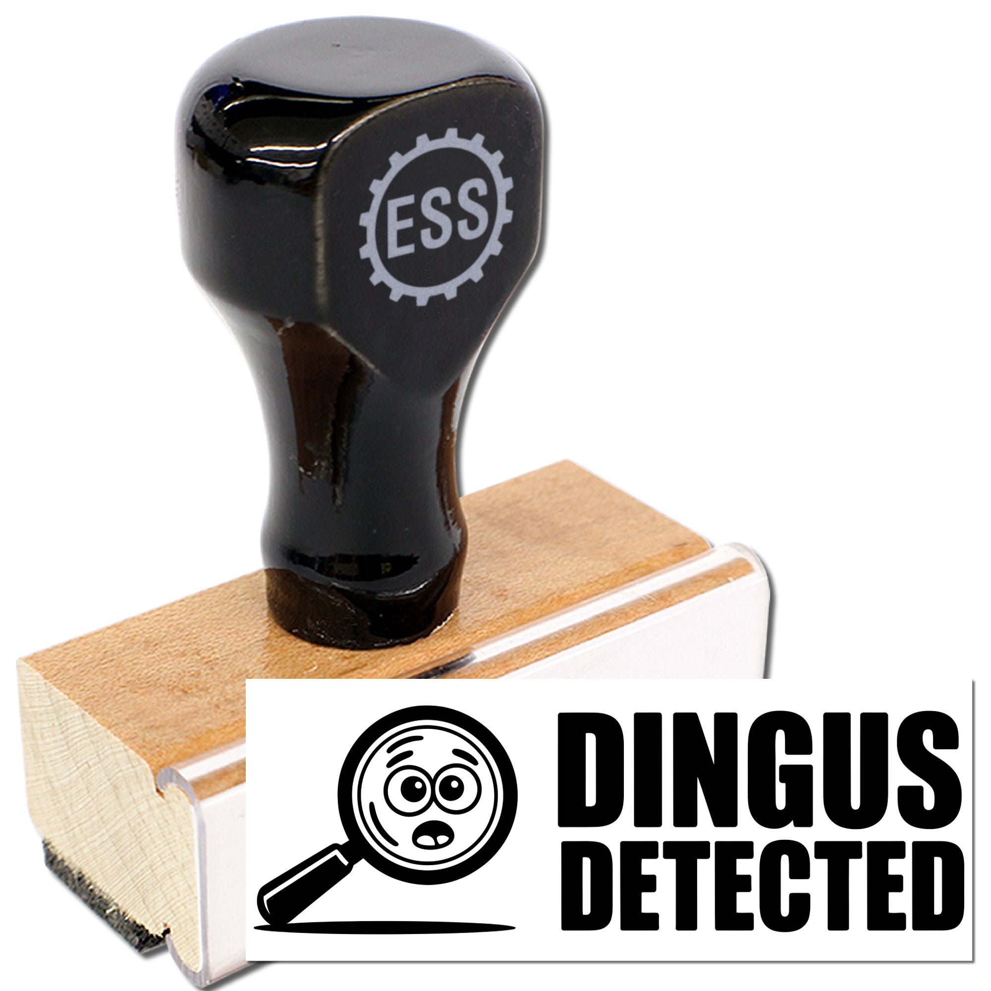 Black rubber stamp and seal product with wooden handle, ESS logo, and Dingus Detected graphic.
