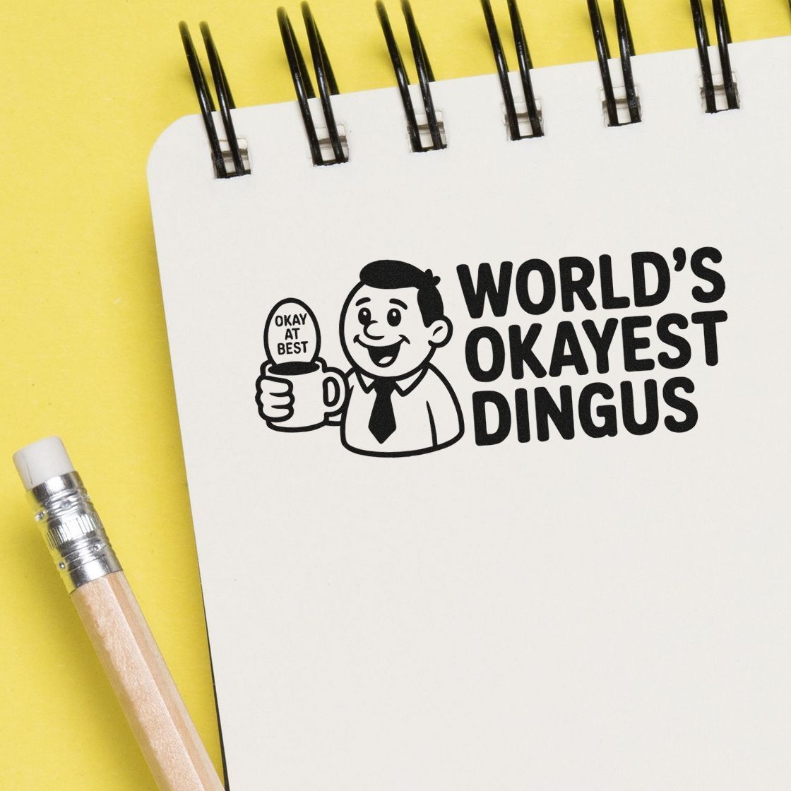 Black custom stamp/seal design reading Worlds Okayest Dingus, with a cartoon man holding an Okay at Best mug on a white notebook.