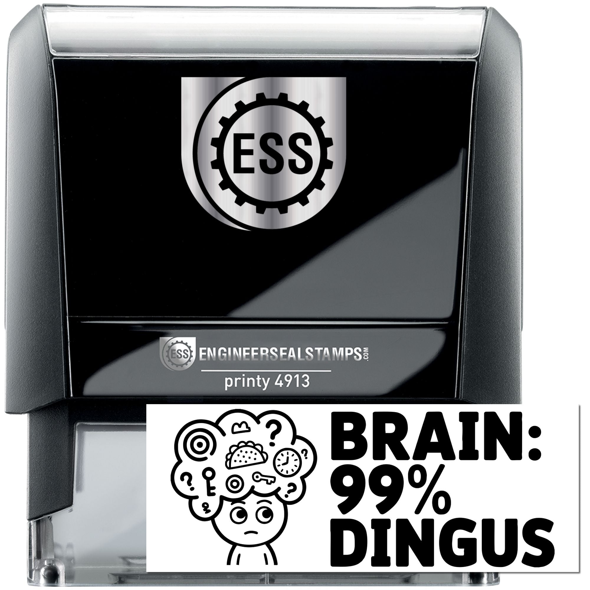 Black self-inking engineer seal stamp, glossy black case with silver ESS logo and clear plastic cover, printy 4913.