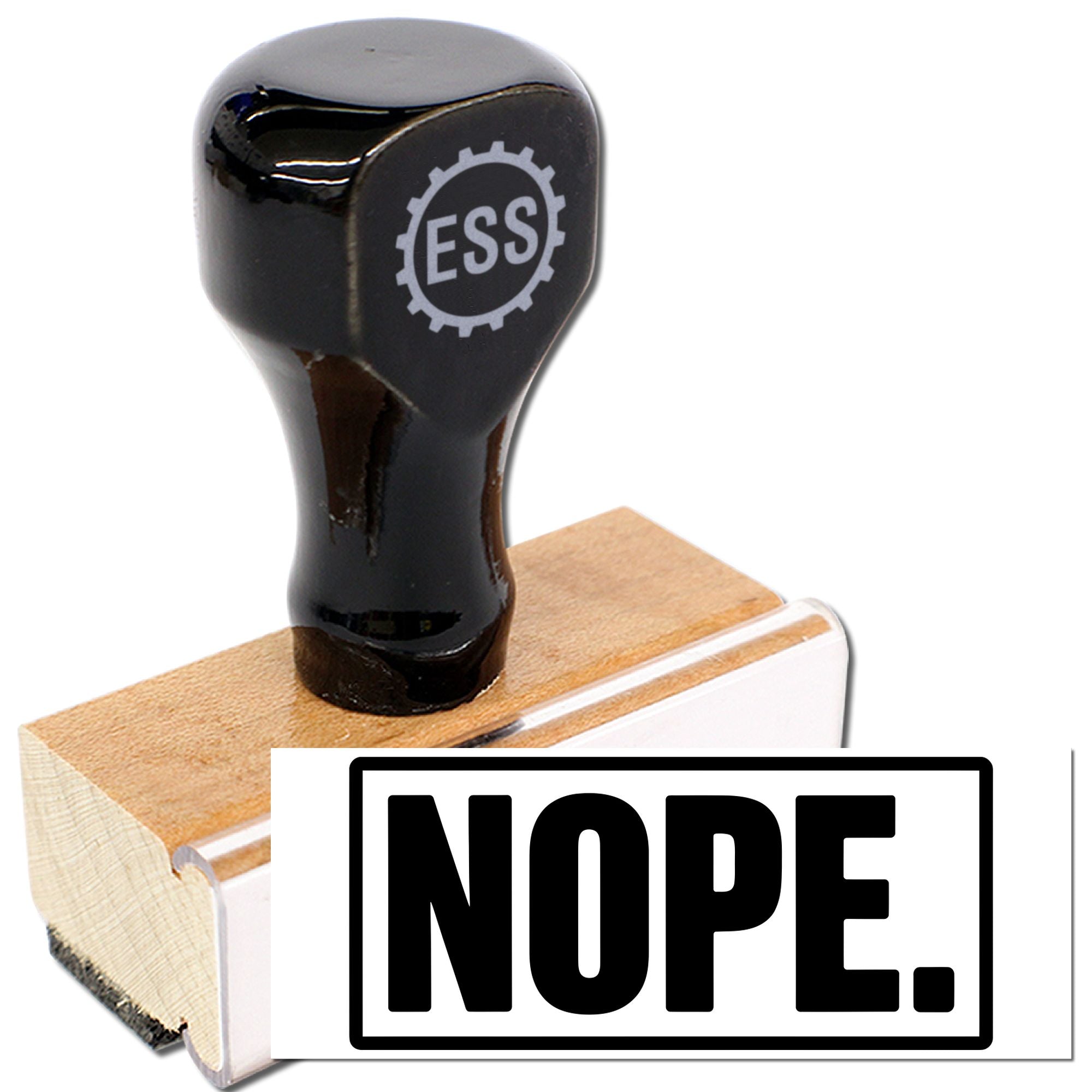 Black rubber stamp and seal block with ESS logo, bold NOPE imprint, and natural wood base on white background.