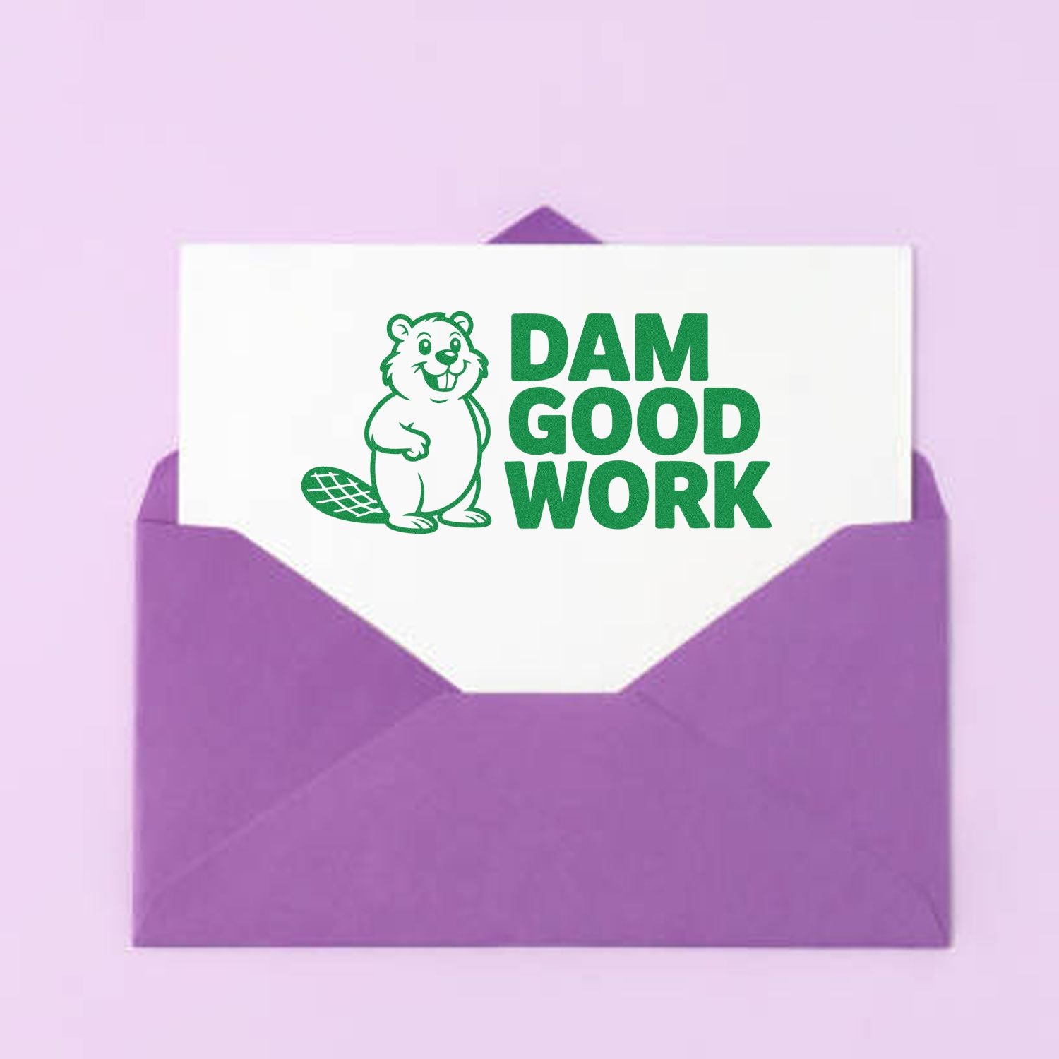 Purple stamp and seal with green beaver and DAM GOOD WORK on white insert.
