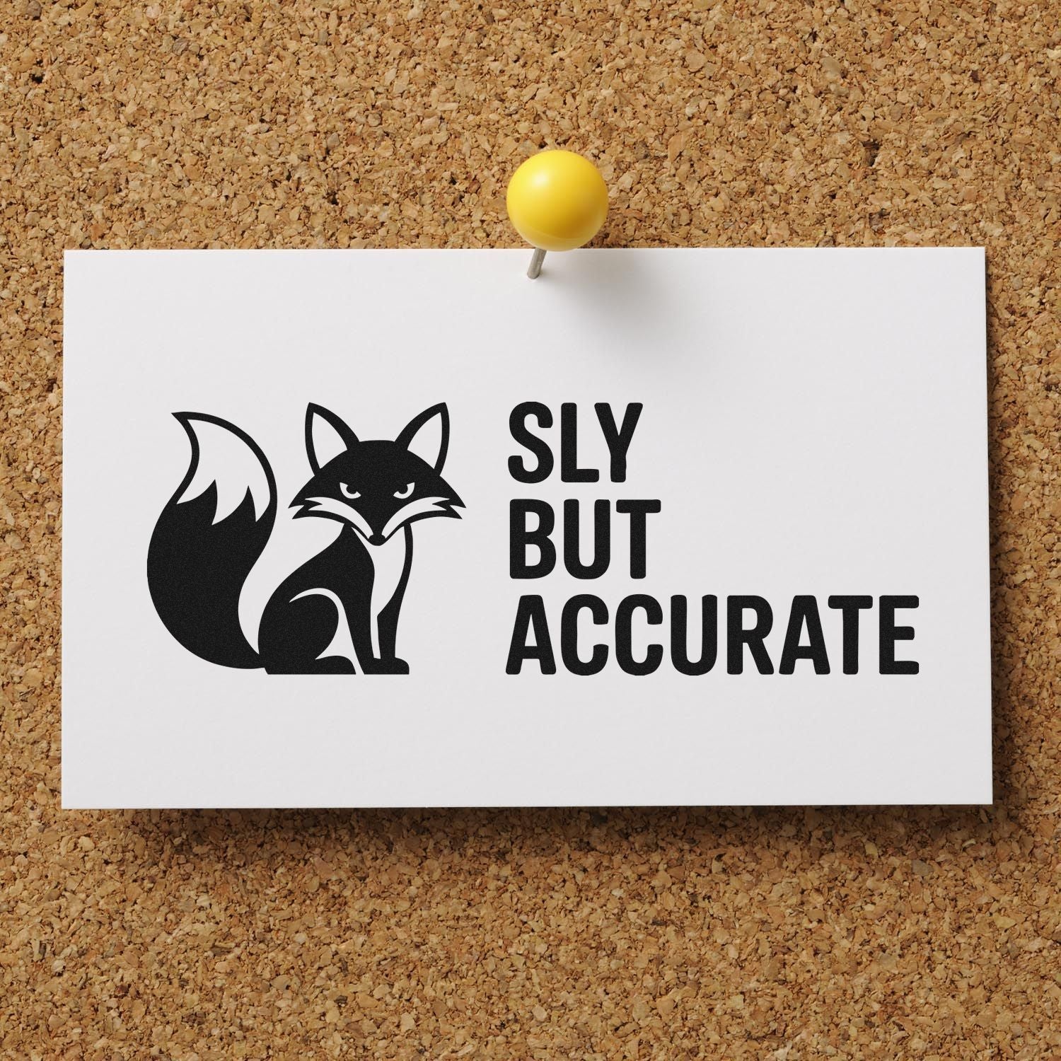 Black fox stamp and seal design with SLY BUT ACCURATE on white card, pinned with yellow tack on corkboard.