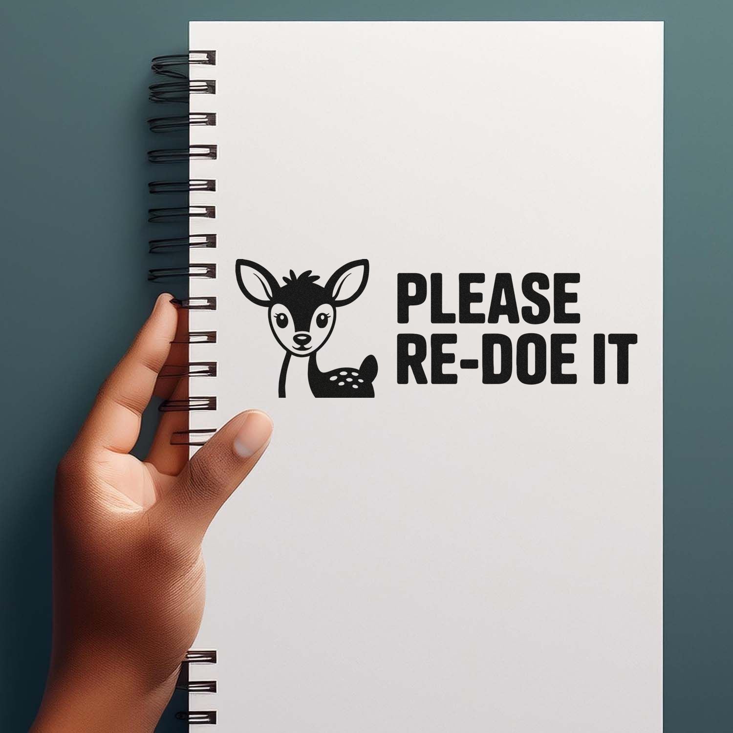 Black deer stamp seal with PLEASE RE-DOE IT on a white spiral notebook cover, held against a teal background.