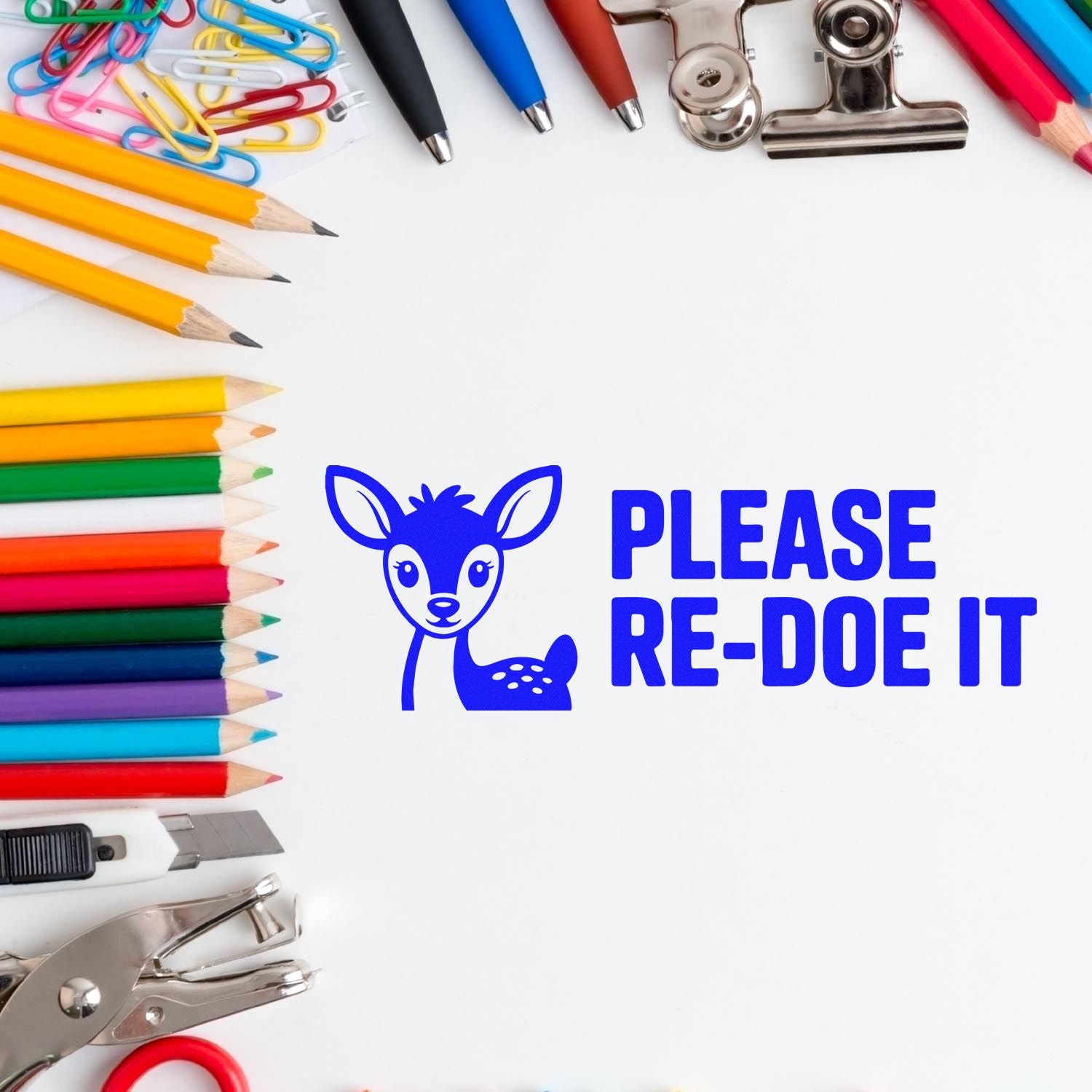 Blue rubber stamp seal reading PLEASE RE-DO IT with deer icon, framed by colorful pencils, pens, clips and cutter.