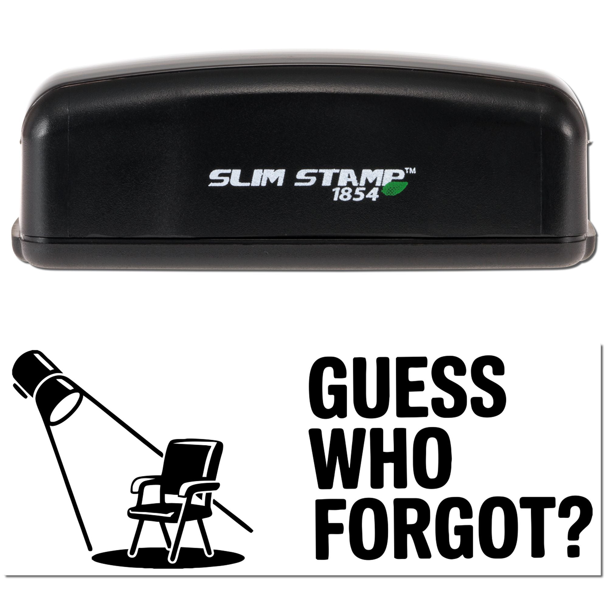 Black Slim Stamp 1854 self-inking stamp and seal product with white logo, green leaf, and Guess Who Forgot? graphic.