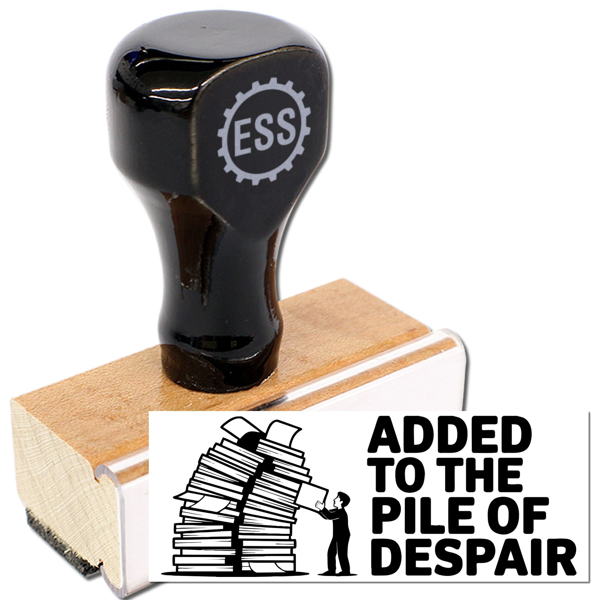 Black ESS self-inking stamp on wooden base with Added to the Pile of Despair seal graphic