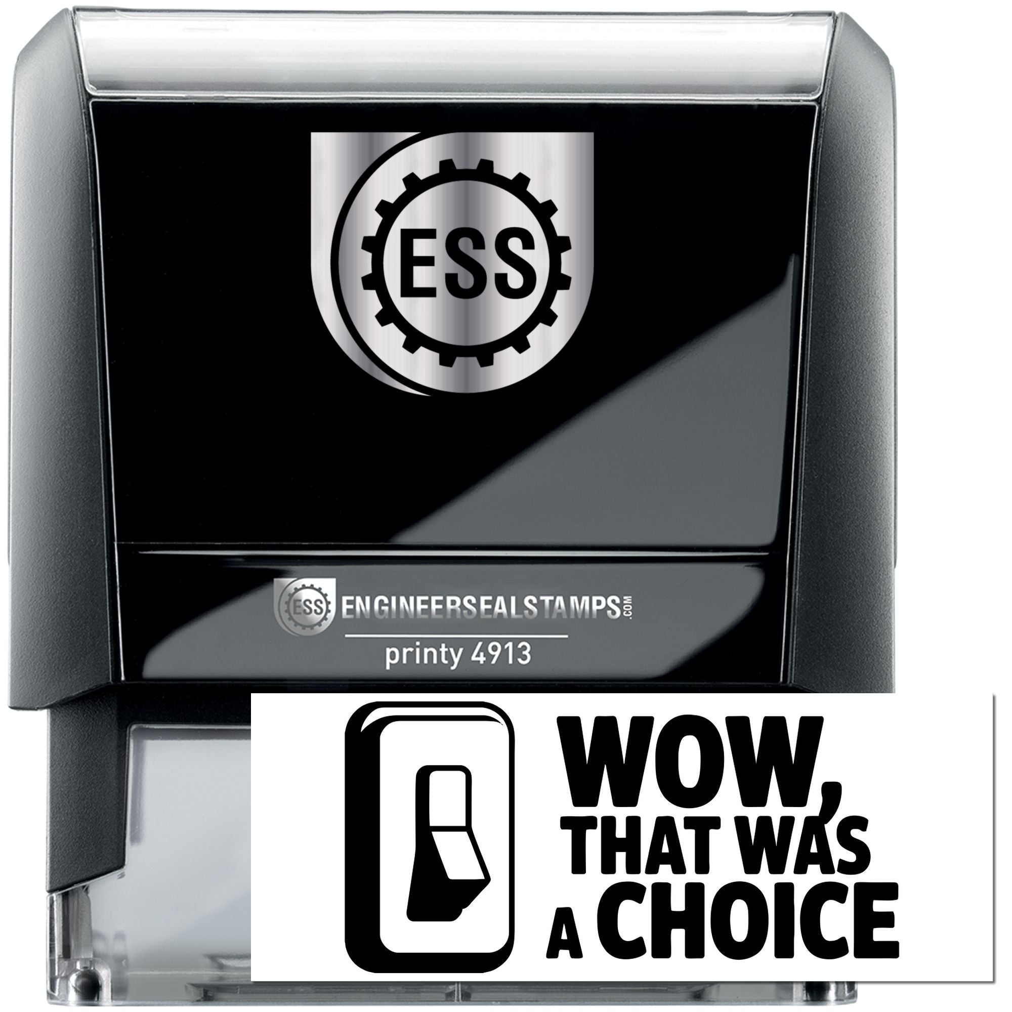 Black and silver ESS self-inking stamp and seal with gear logo and Printy 4913 branding.