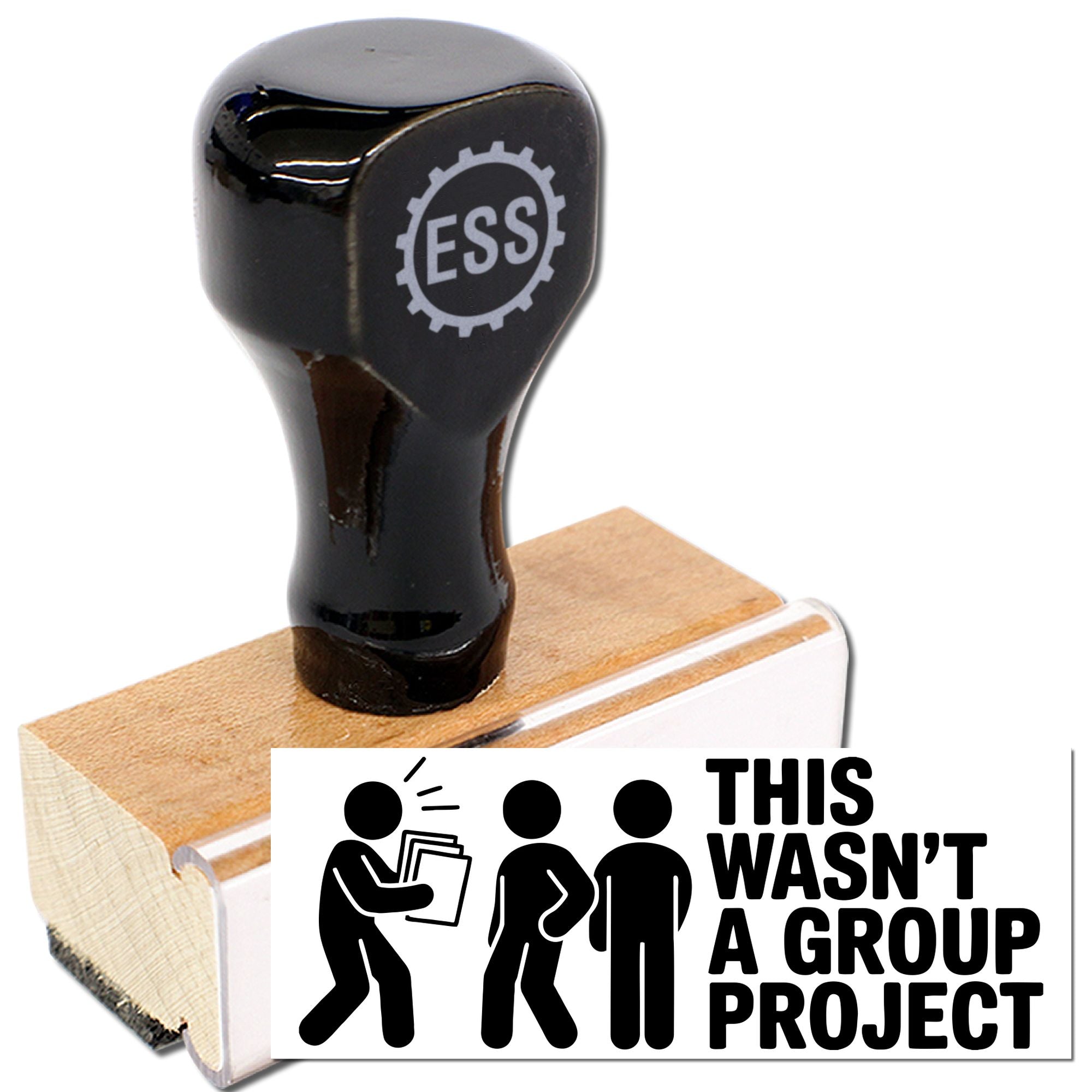 Black self-inking stamp and wooden seal with ESS logo, printing This wasnt a group project in bold black.